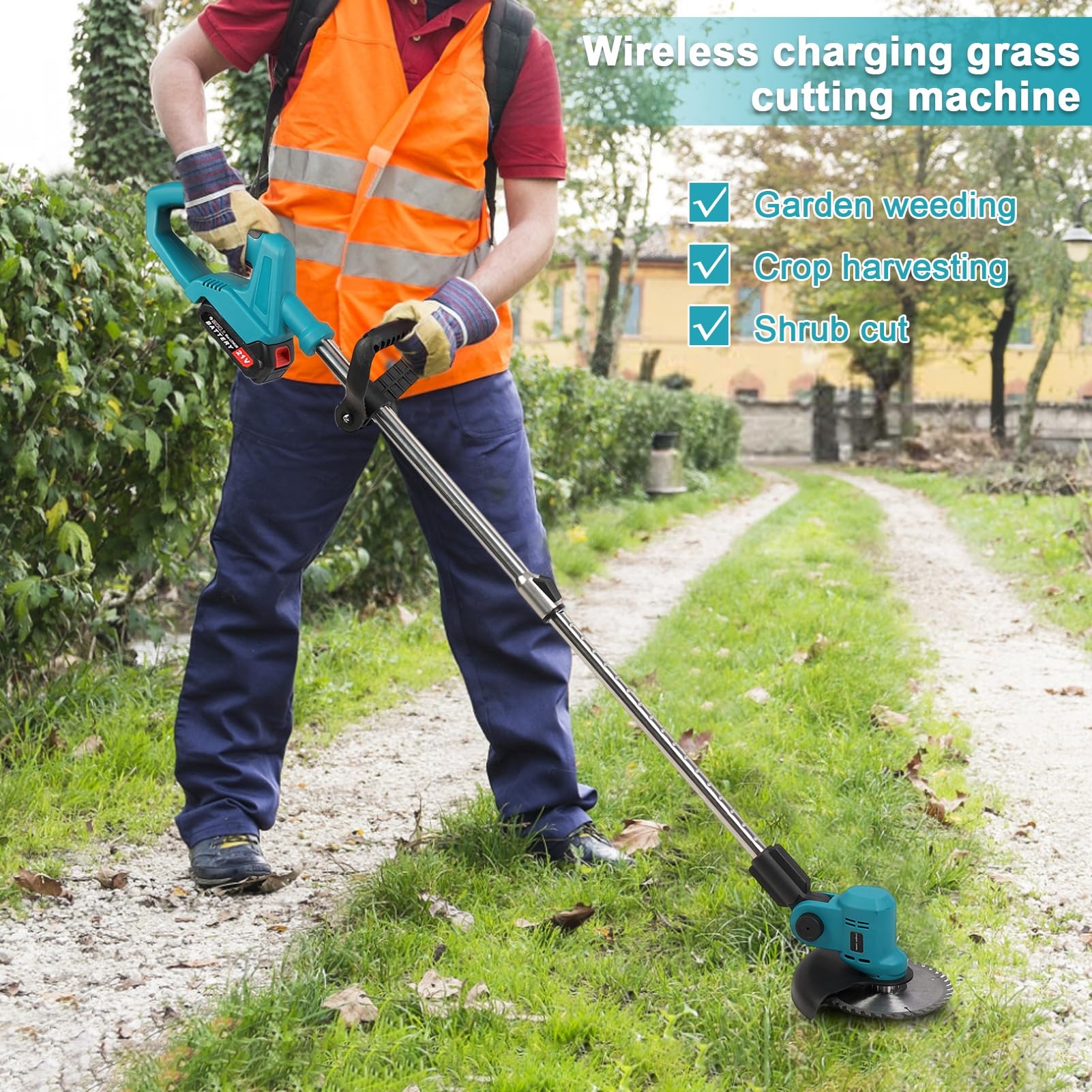 Cordless Electric Weed Eater Brush Cutter, Adjustable Telescopic Grass Trimmer with 980W Copper Motor, 2x21V Batteries & 3 Blade Types, for Courtyards & Shrubs Green 5