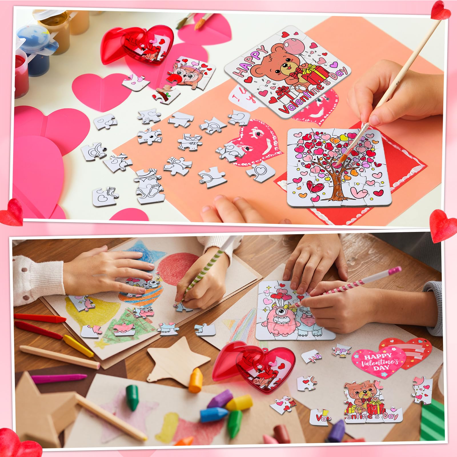 Realspring 24 Set Valentine Puzzles Gifts for Kids Include 24 DIY Color Your Own Valentine‘S Day Jigsaw Puzzles 24 Red Heart Eggs Card for Classroom Reward Exchange Gift Jigsaw Toys Birthday 6