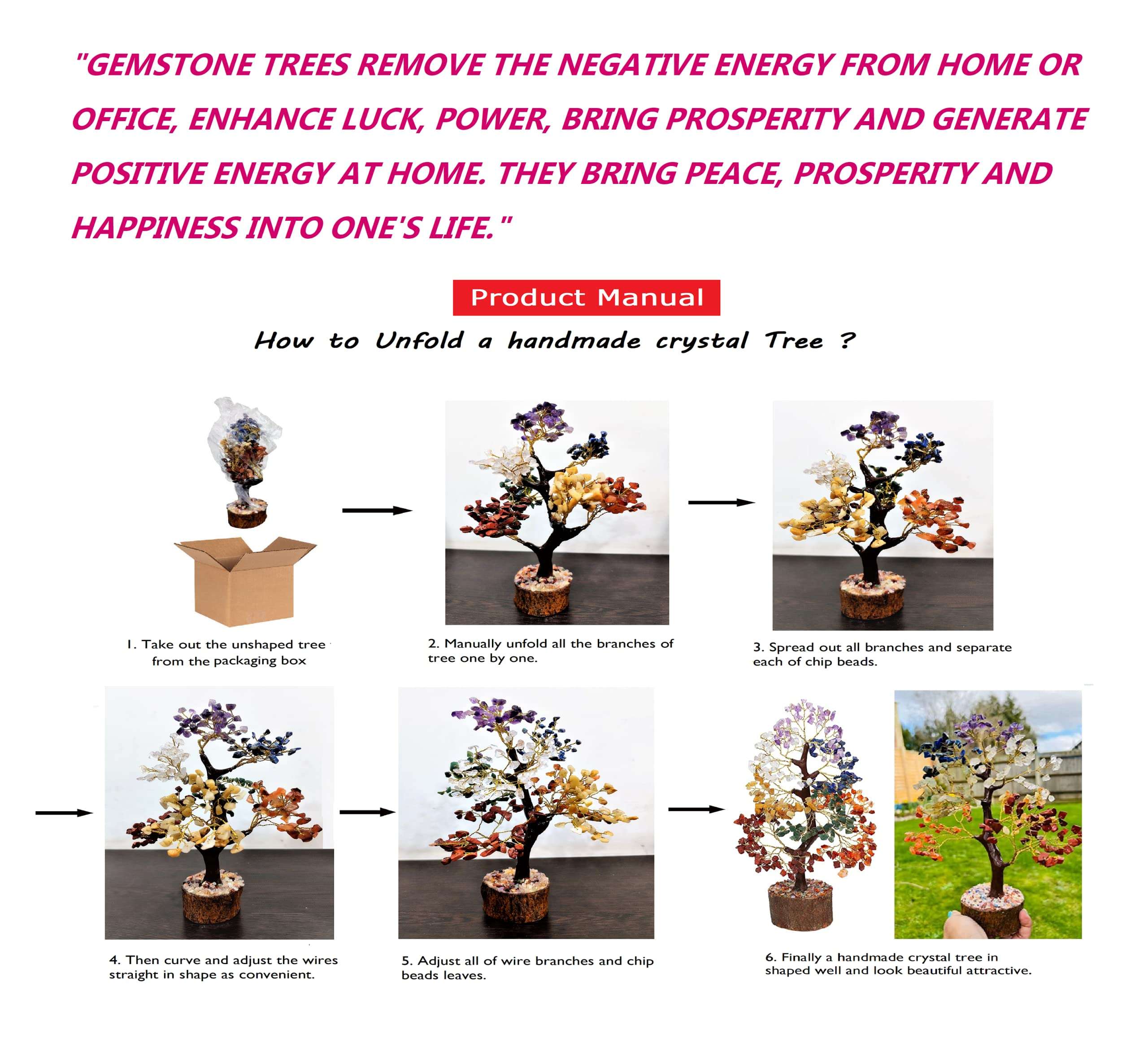 MUREN ® Amethyst Healing Crystals Tree Aura Cleansing, Reiki Gemstones 300 Beads Wooden Base Handcrafted vastu Good Luck Money Tree of Life/Bonsai Feng Shui Spiritual Figurine Gift/Home Decor/Office 5