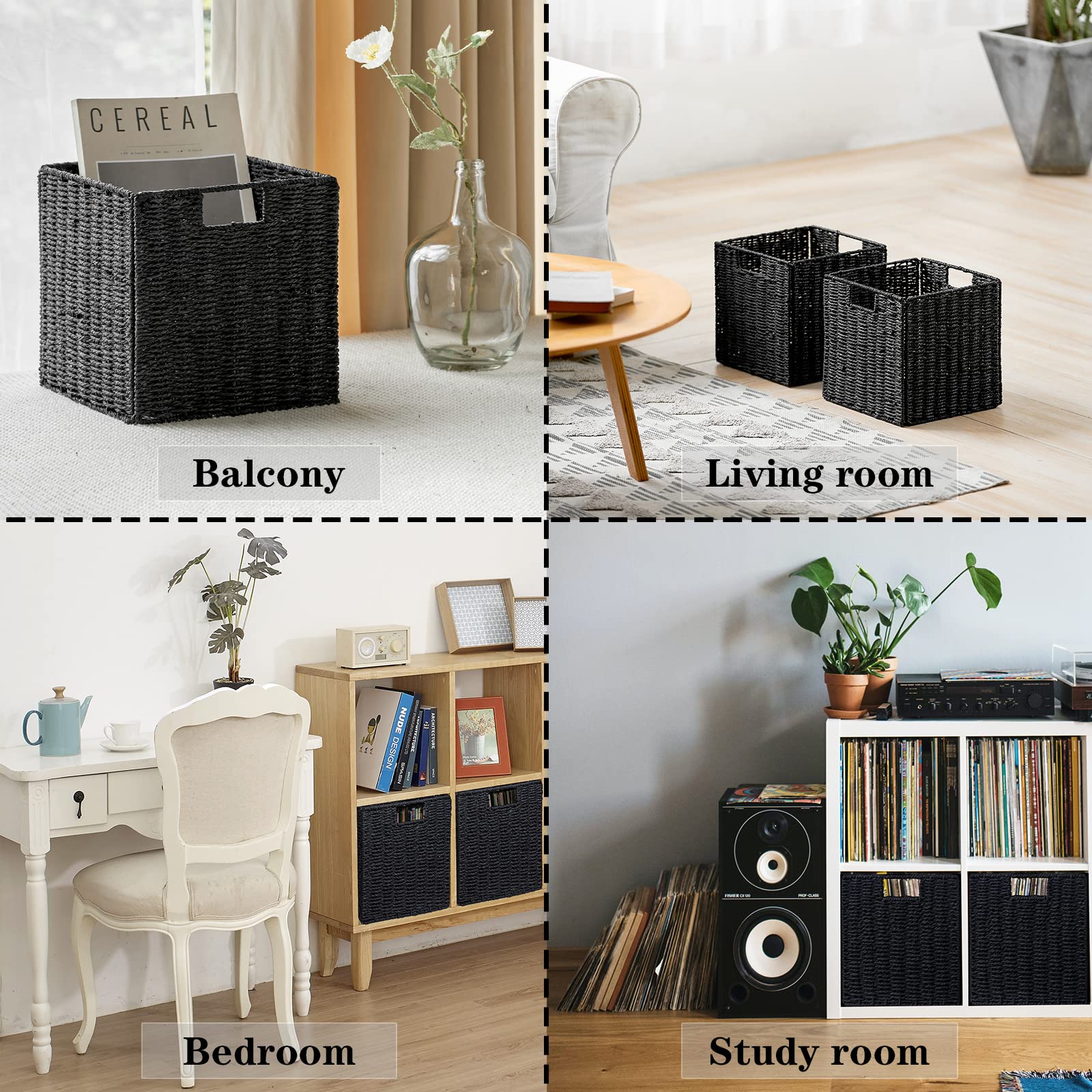Vagusicc Storage Basket, Set of 2 Hand-Woven Paper Rope Wicker Baskets, Foldable Storage Bins, Large Wicker Storage Square Baskets for Decor & Organizing, Black (11″×11″×11″) 4