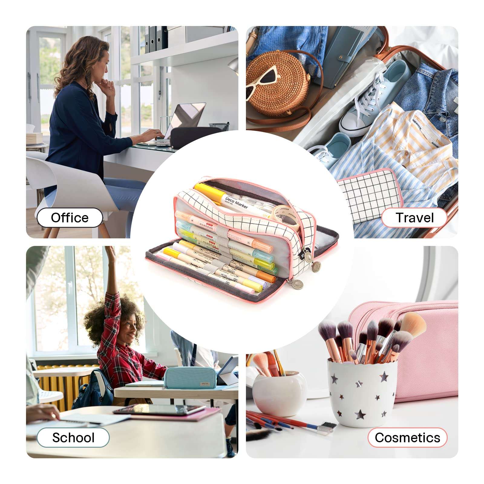 Anyfirst Large Pencil Case, Big Capacity Pencil Cases with 3 Compartments, School Supplies Stationery Storage Organizer for Girls Boys Students Adults, Pink, School Bag 6