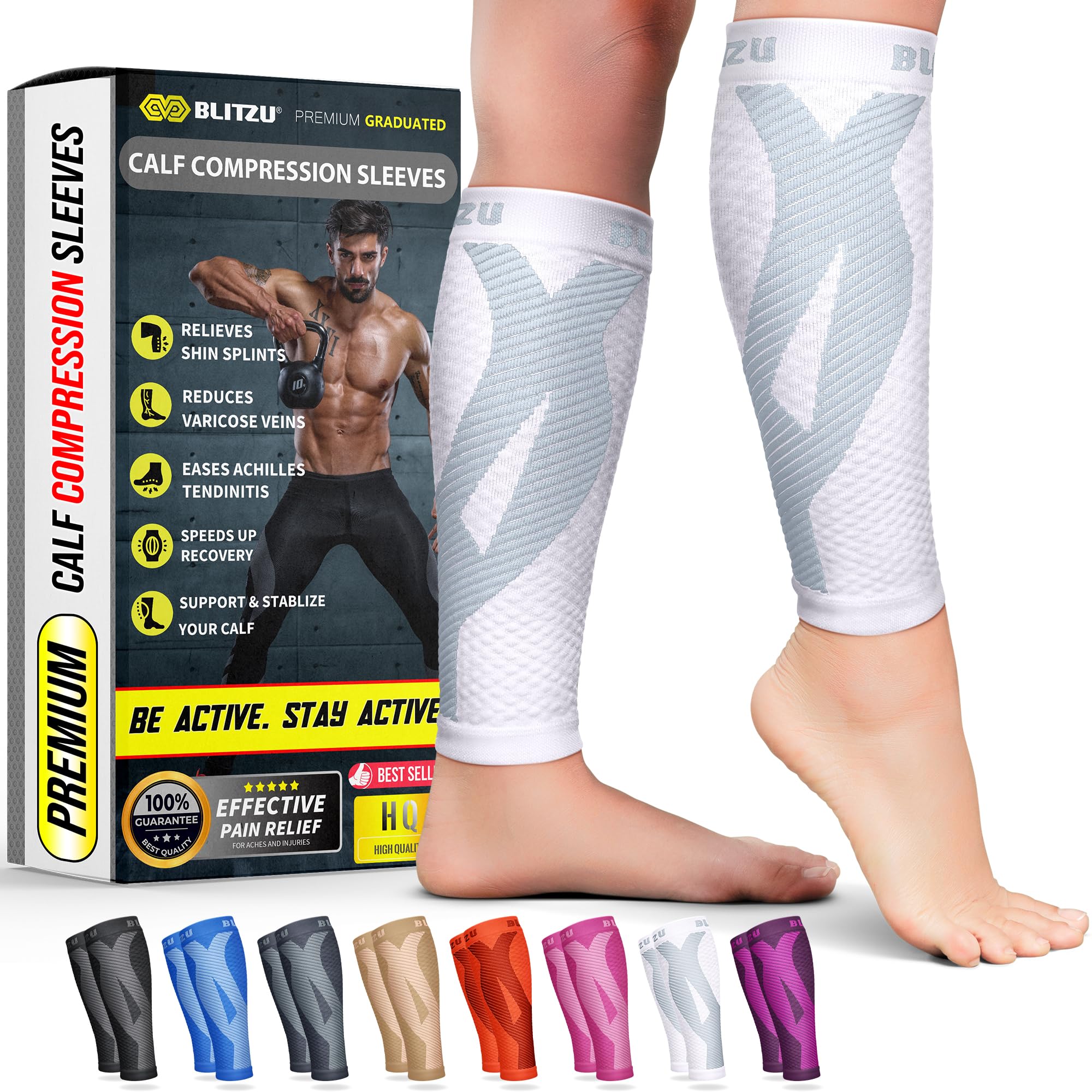 BLITZU Calf Compression Sleeve for Women and Men, Shin Splint Sleeves for Varicose Veins, Nursing, Pregnancy, Running, Footless Compression Socks Support for Calf Muscle Pain Relief White L-XL 1