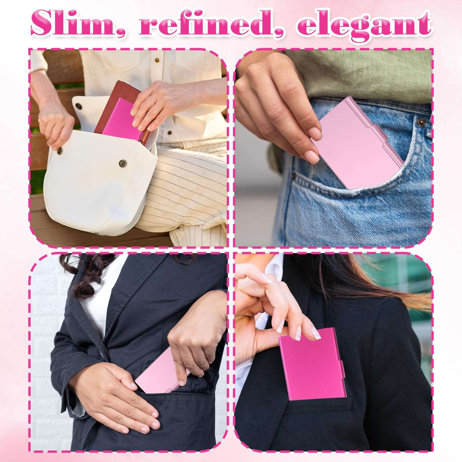 2 Pack Business Card Holder Case, Aluminum Alloy Metal Business Card Case, Slim Flip Cover Professional Name Credit Cards Holder Purse Wallet Pocket Accessory​ for Men and Women (Pink Rose Red) 6