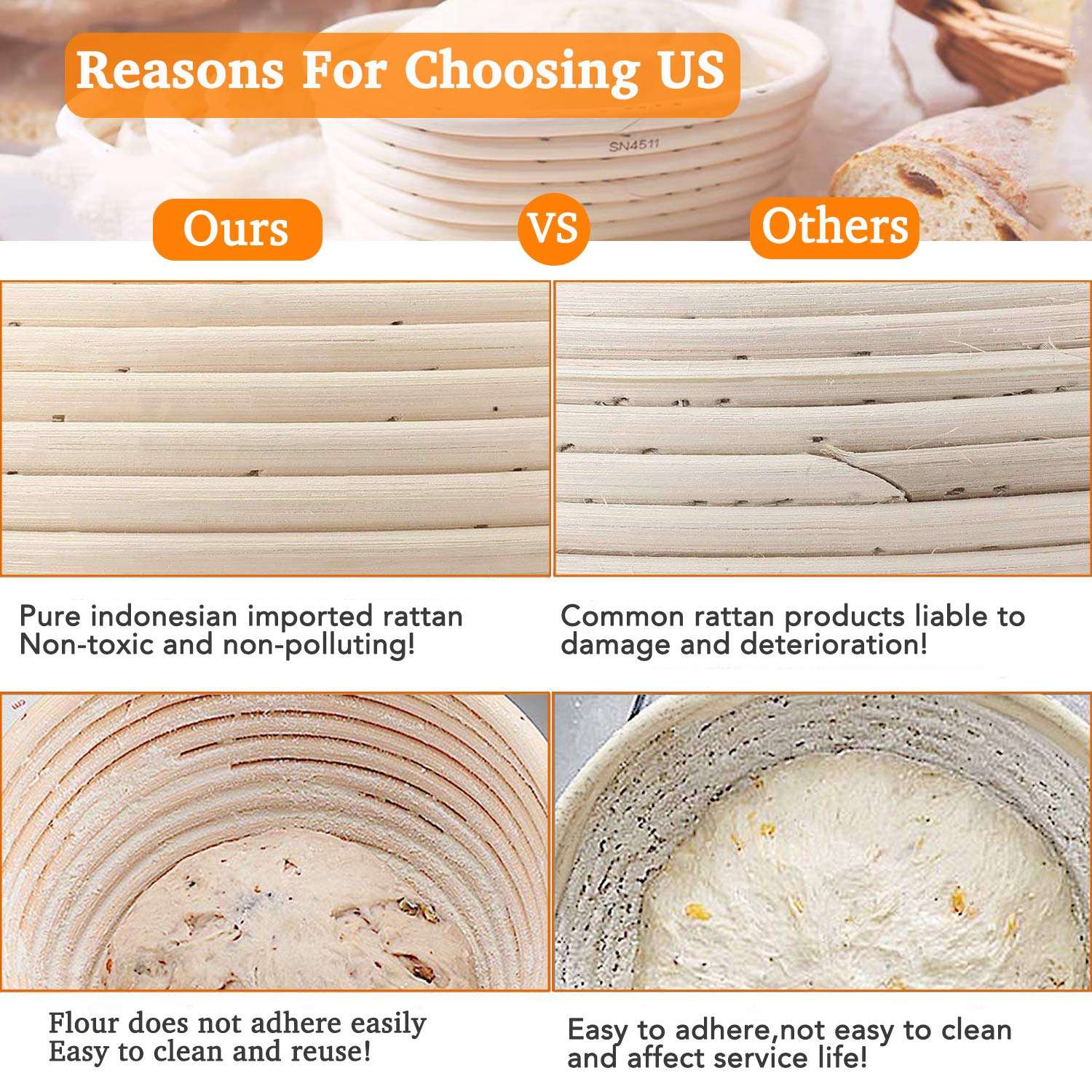 Farielyn-X 2 Packs 10 Inch Oval Shaped Bread Banneton Proofing Basket - Baking Dough Bowl Gifts for Bakers Proving Baskets for Sourdough Lame Bread Slashing Scraper Tool Starter Jar Proofing Box 3