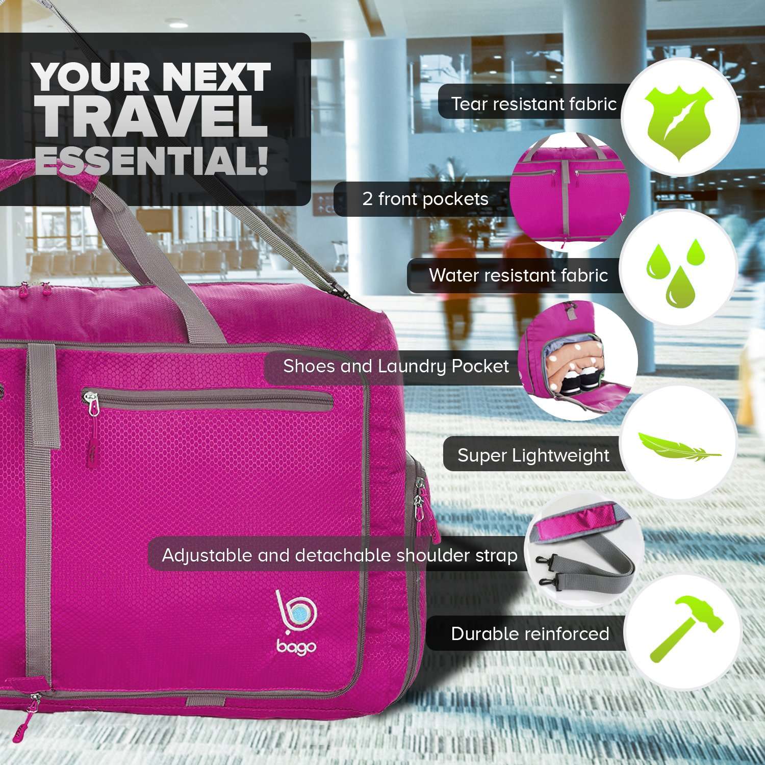 Bago Travel Bundle: 4 Packing Cubes (Pink) & 80L Duffel Bag (Pink) Set - Organize and Carry with Ease 3