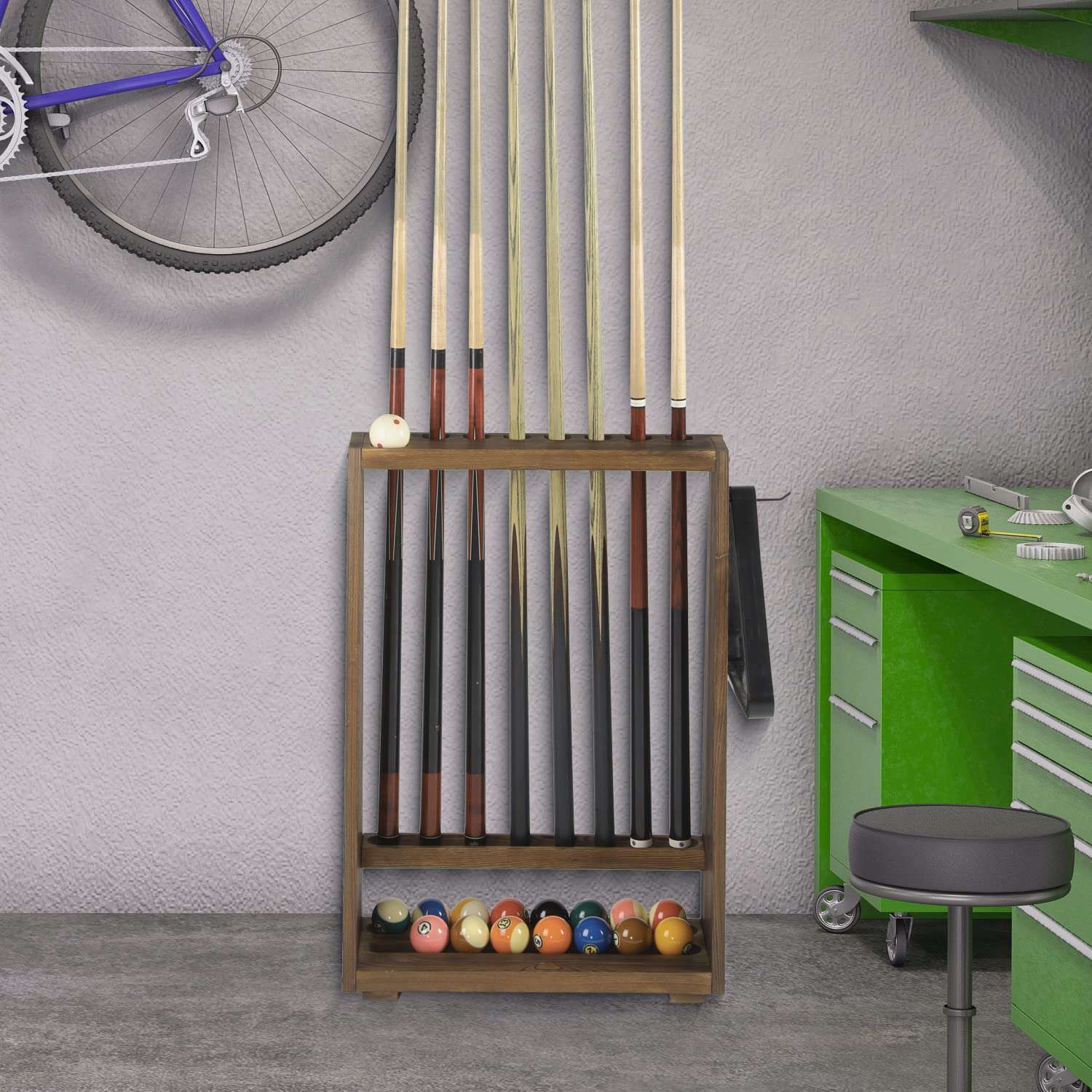 MyGift Rustic Burnt Brown Solid Wood Freestanding Billiards Acessories Storage Rack - Floor Standing Pool Cue Holder, Ball Shelf, and Triangle Hook 4