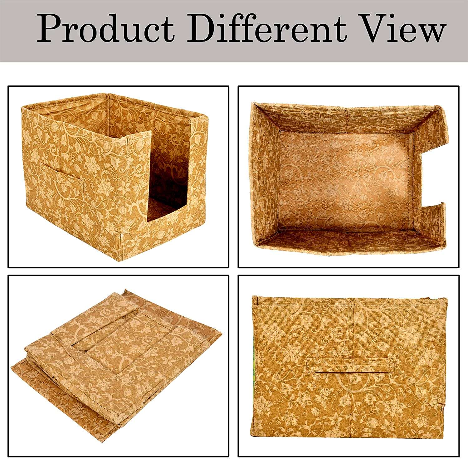 Kuber Industries Metalic Flower Print Foldable Rectangle Cloth Saree Stacker Cloth Wardrobe Organizer- Pack of 6 (Beige) 6