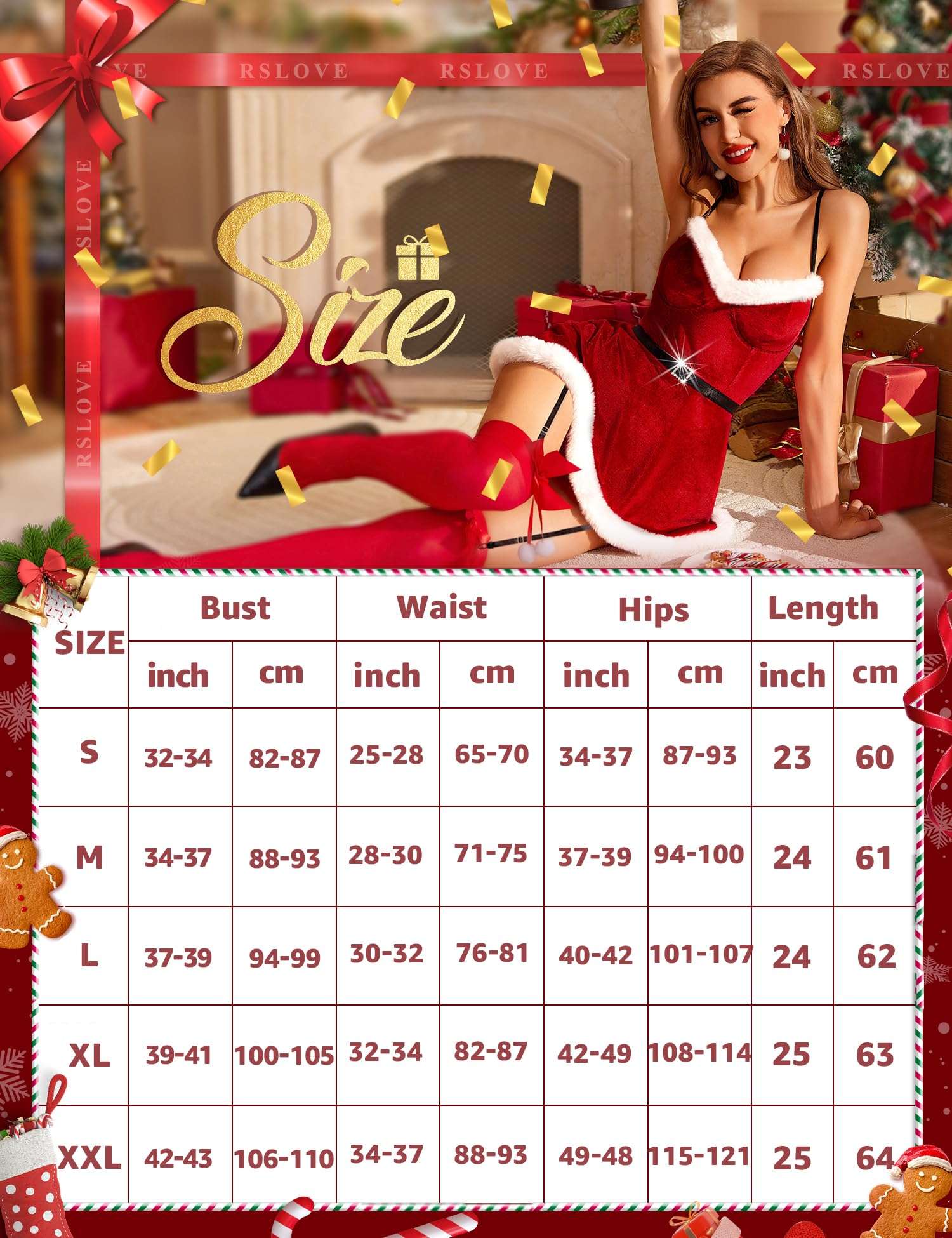 RSLOVE Sexy Christmas Lingerie For Women Santa Babydoll Chemise Red Costume with 4PCS Garters Belt Red M 6