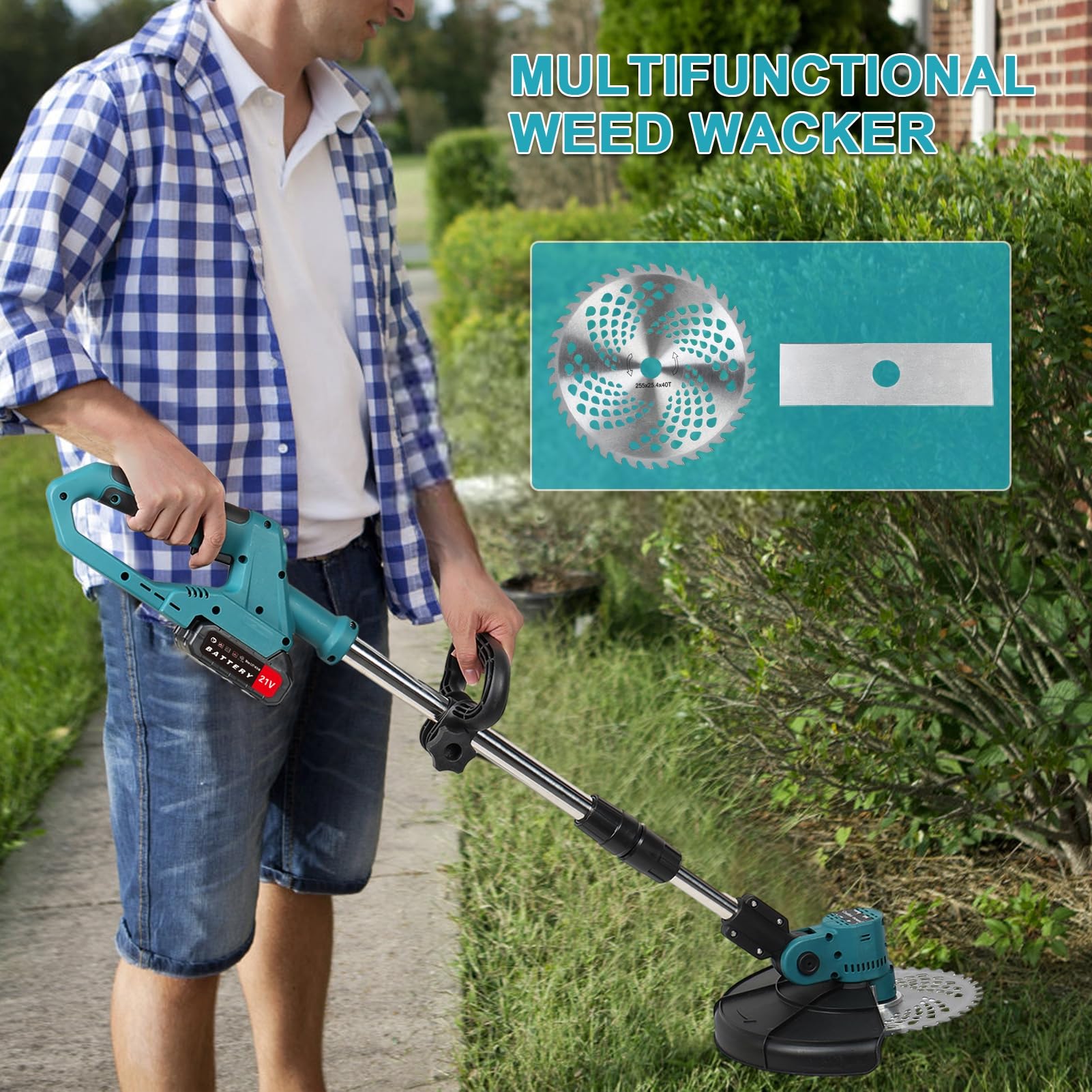 qofezuey 21V Weed Wacker, Electric Weed Eater, Cordless String Trimmer with 1 Charger and 2 X 2.0Ah Battery, Retractable Weed Eater, Rechargeable Handheld Lawn Mower for Lawn, Garden Navy Blue 9 Inch 4