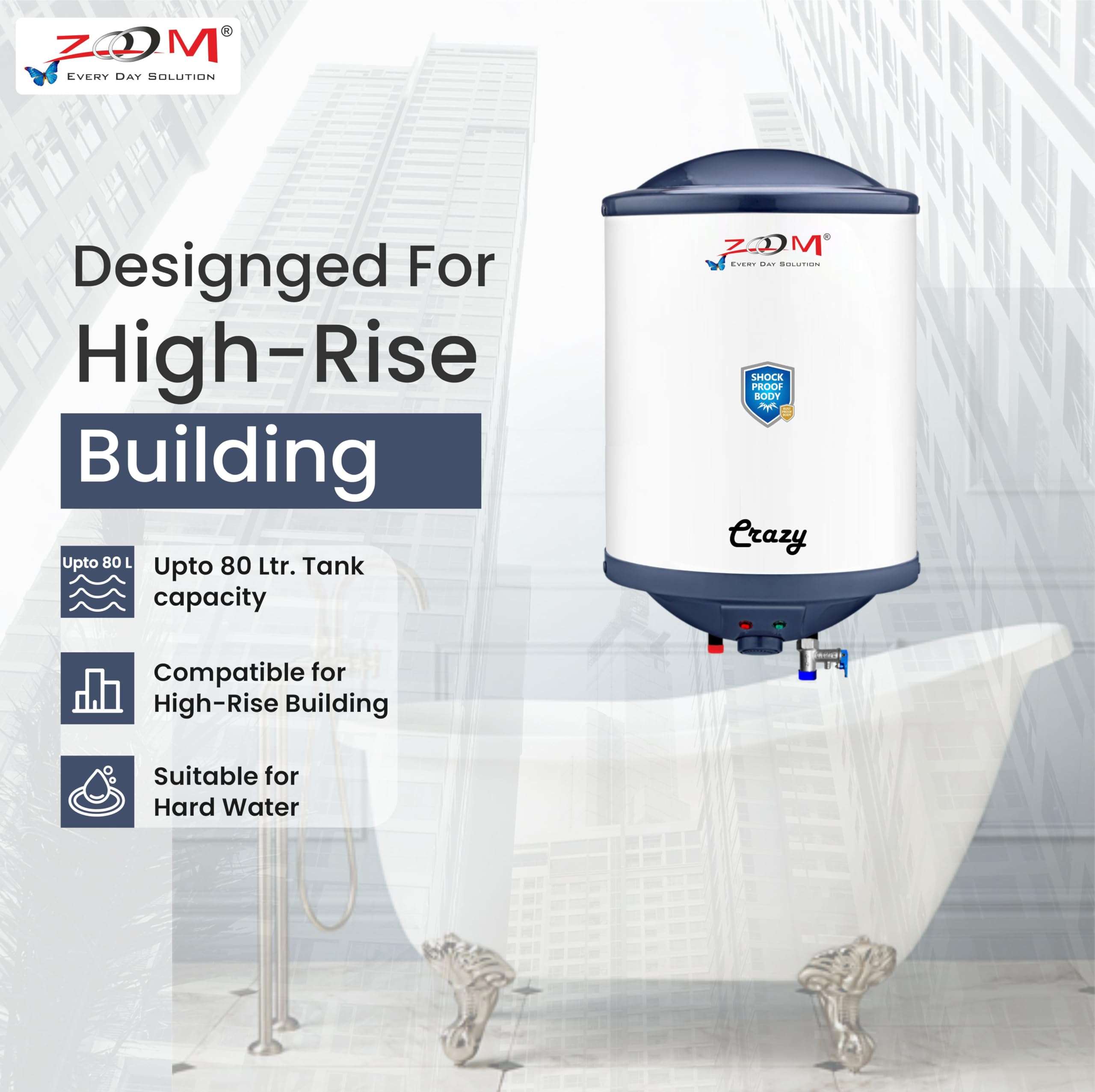 ZOOM Crazy 15 Litre Storage Water Heater Electric Geyser for Home/Bathroom | 5 Star Rating (BEE) | Shock Proof ABS Body | Glassline Tank | 8.5 Bar Pressure | 2 KW | 2 Yr Product + 7 Year Tank Warranty 4