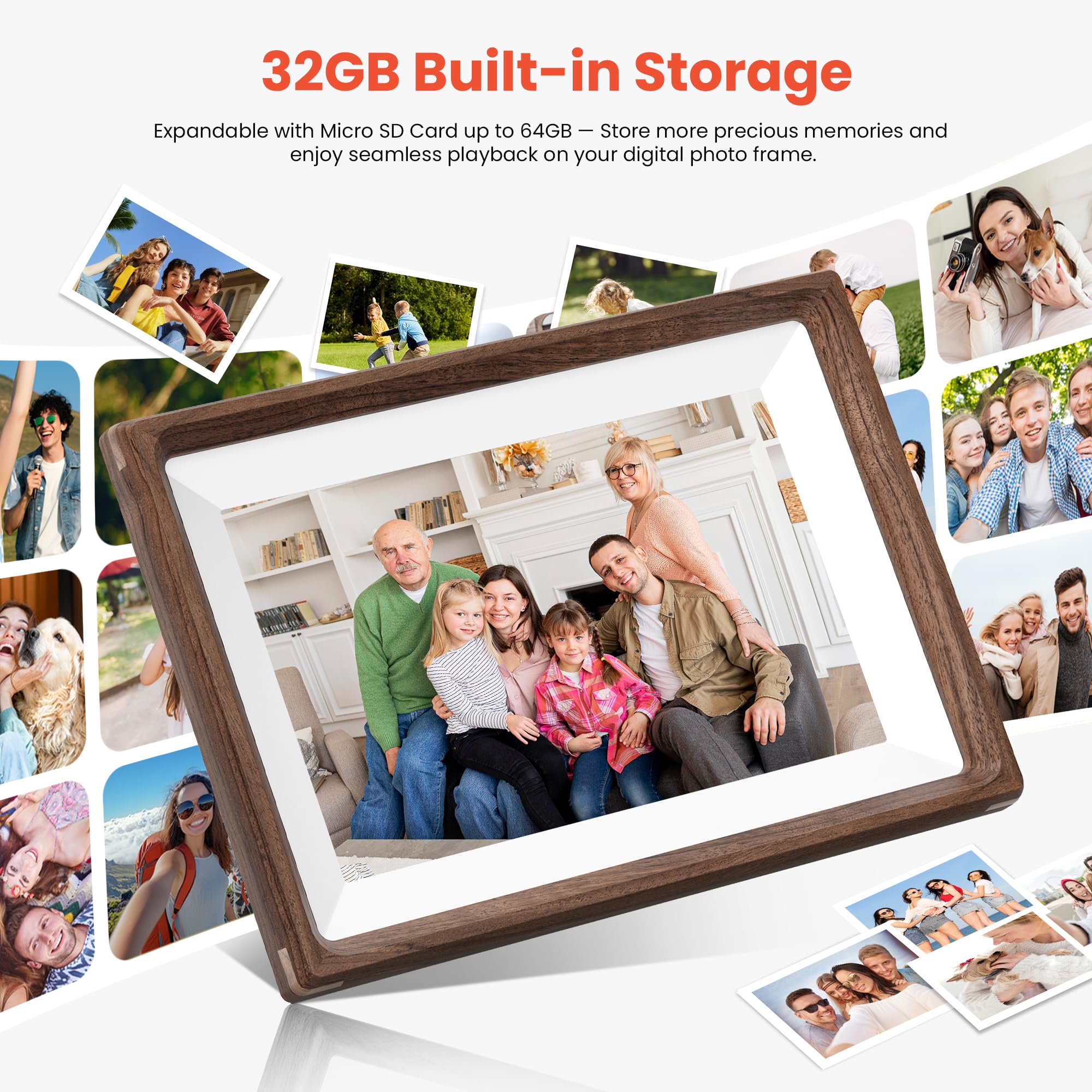 Frameo 10.1" Smart Digital Picture Frame with Walnut Moulding, 16:9 1280p HD IPS Touchscreen Display, 32GB Storage, MicroSD Slot, Plug-in Power, Easy Wireless Photo & Video Sharing, Idea 6