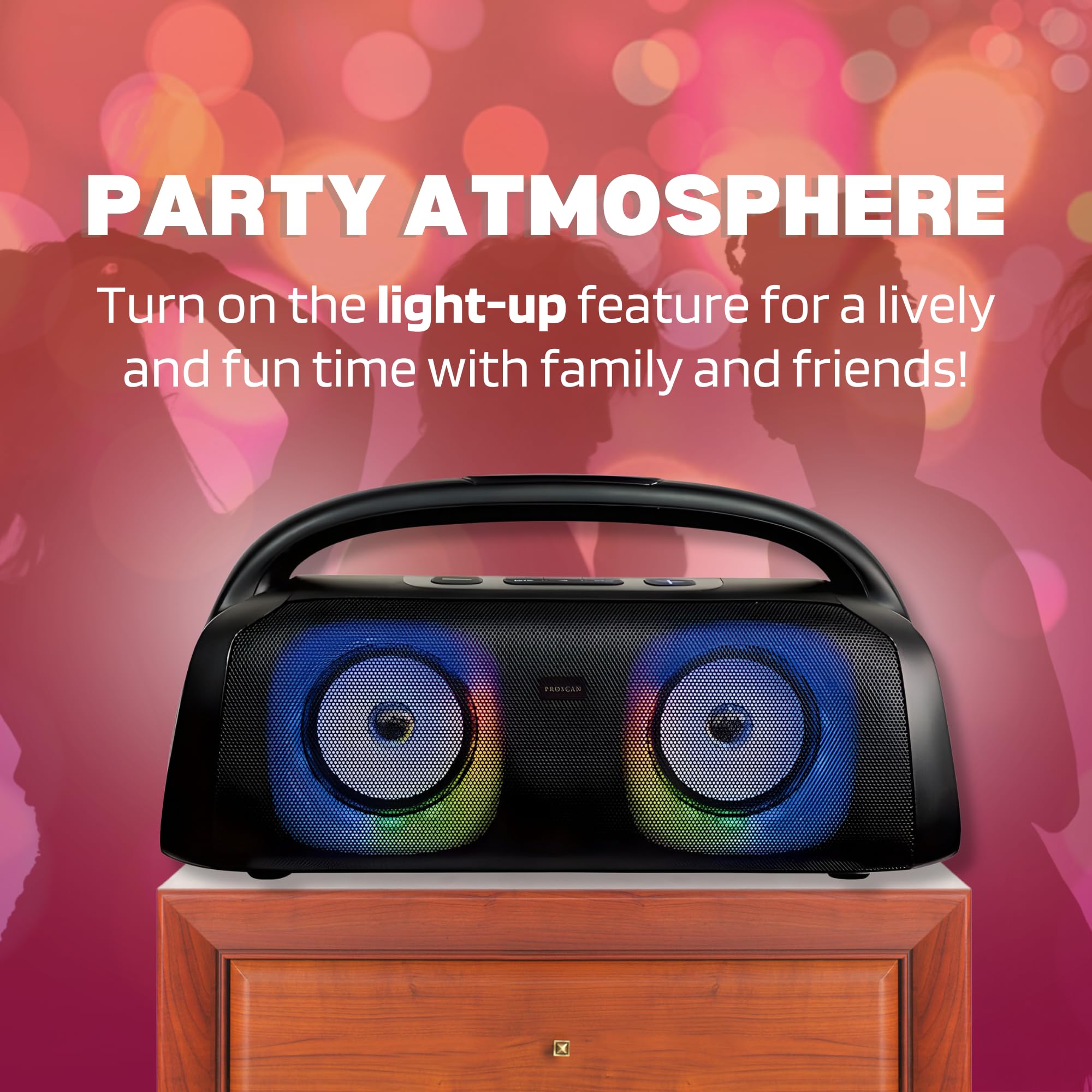 PROSCAN Portable Bluetooth Speaker, TWS LED Light Up, Portable Boombox with Blueooth 6