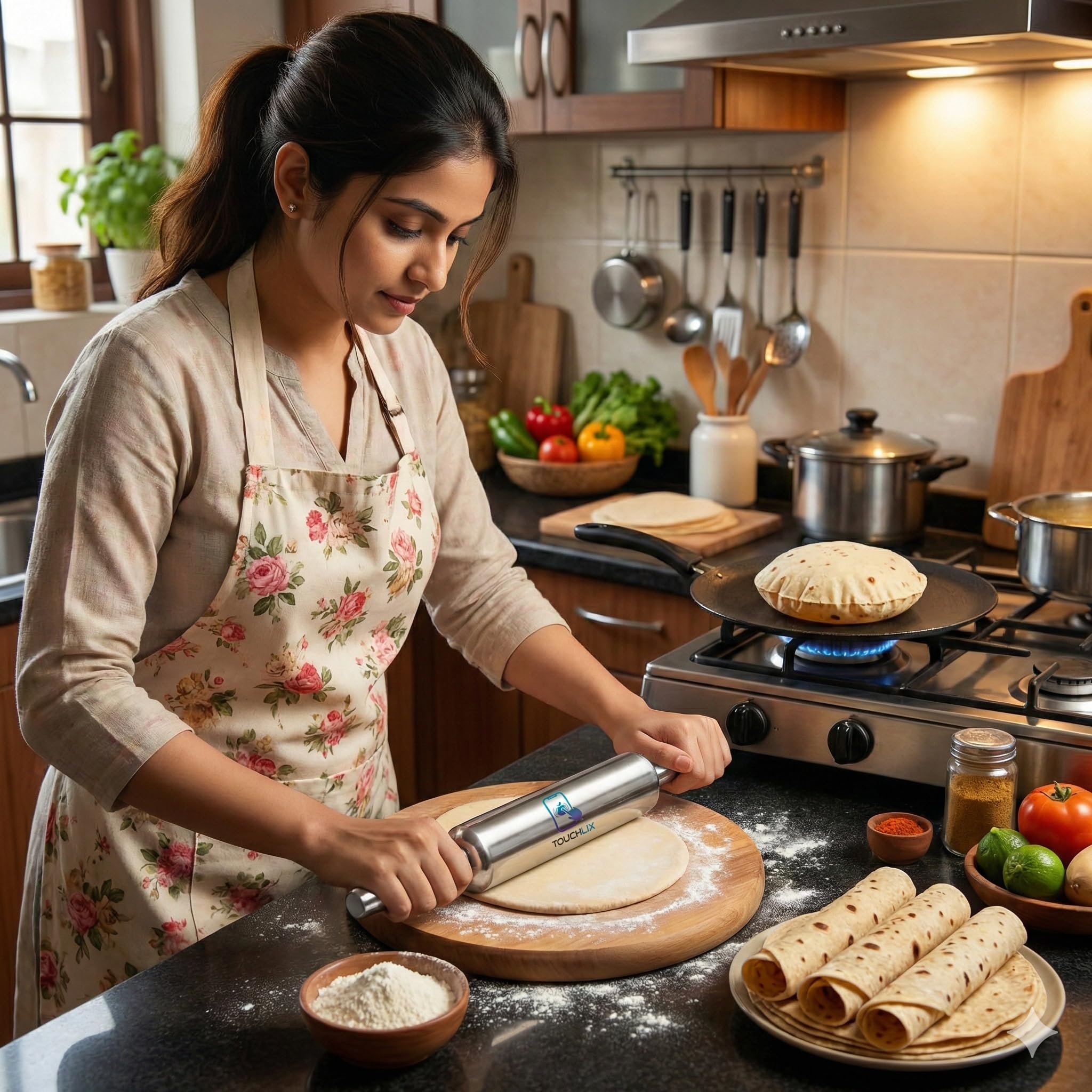 Touchlix - Stainless Steel Rolling Pin for Kitchen, 31 cm Heavy Duty Metal Roti Roller, Belan with Perfect Weight Balance for Chapati, Paratha and Pastry, Steel Belan 5