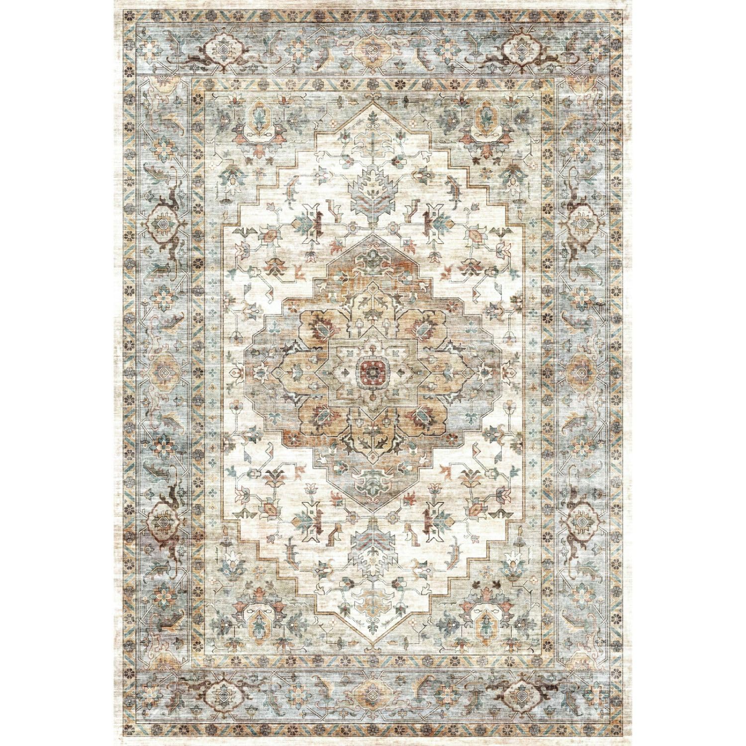 Syalife 4x6 Washable Area Rug, Ultra Soft Non-Slip, Low Pile, Stain Resistant Vintage Area Rug for Living Room,Boho Carpet for Bedroom, Dining Room, Office, Foldable Home Decor Rug, Multi Beige 5