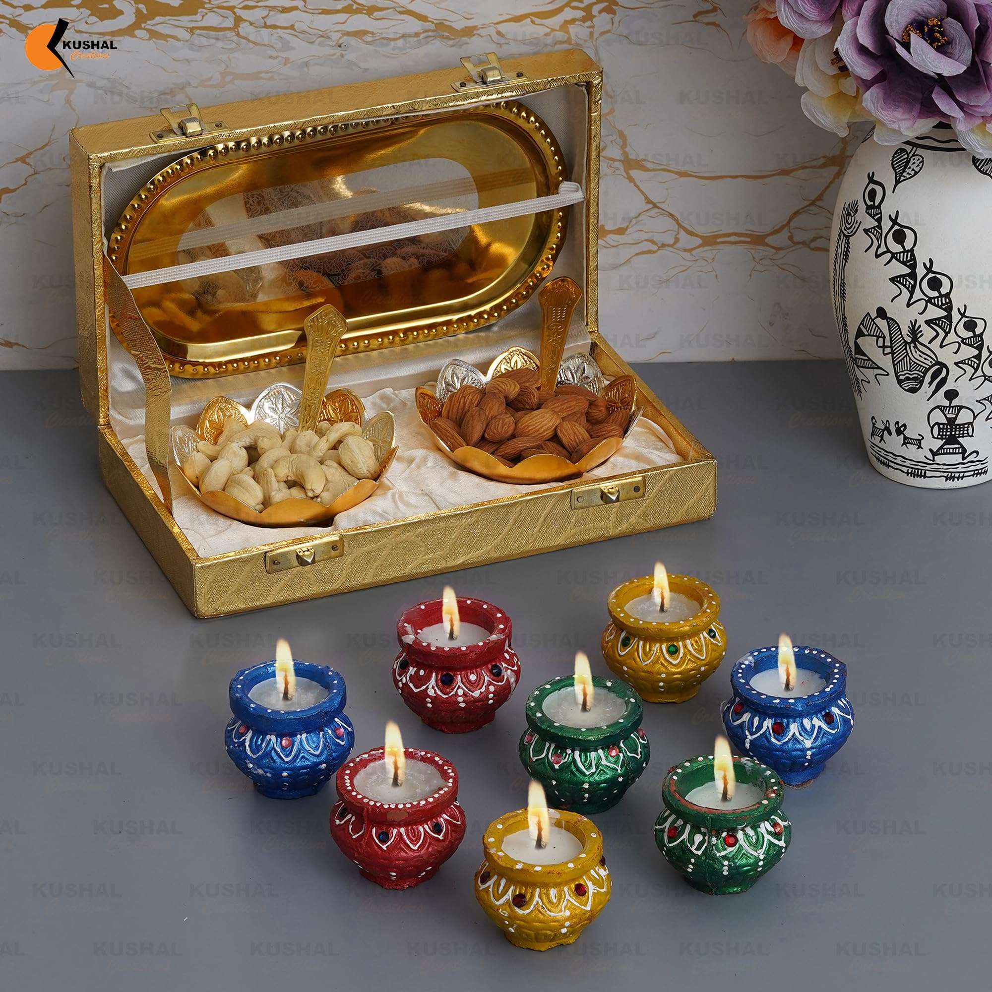 KUSHAL CREATIONS Silver Plated Festival Gift Silver Plated Brass Bowls Set of 5 Pcs. Kamal Golden Box Dinner Set with Matki Diya Set of 8 Pcs. 1