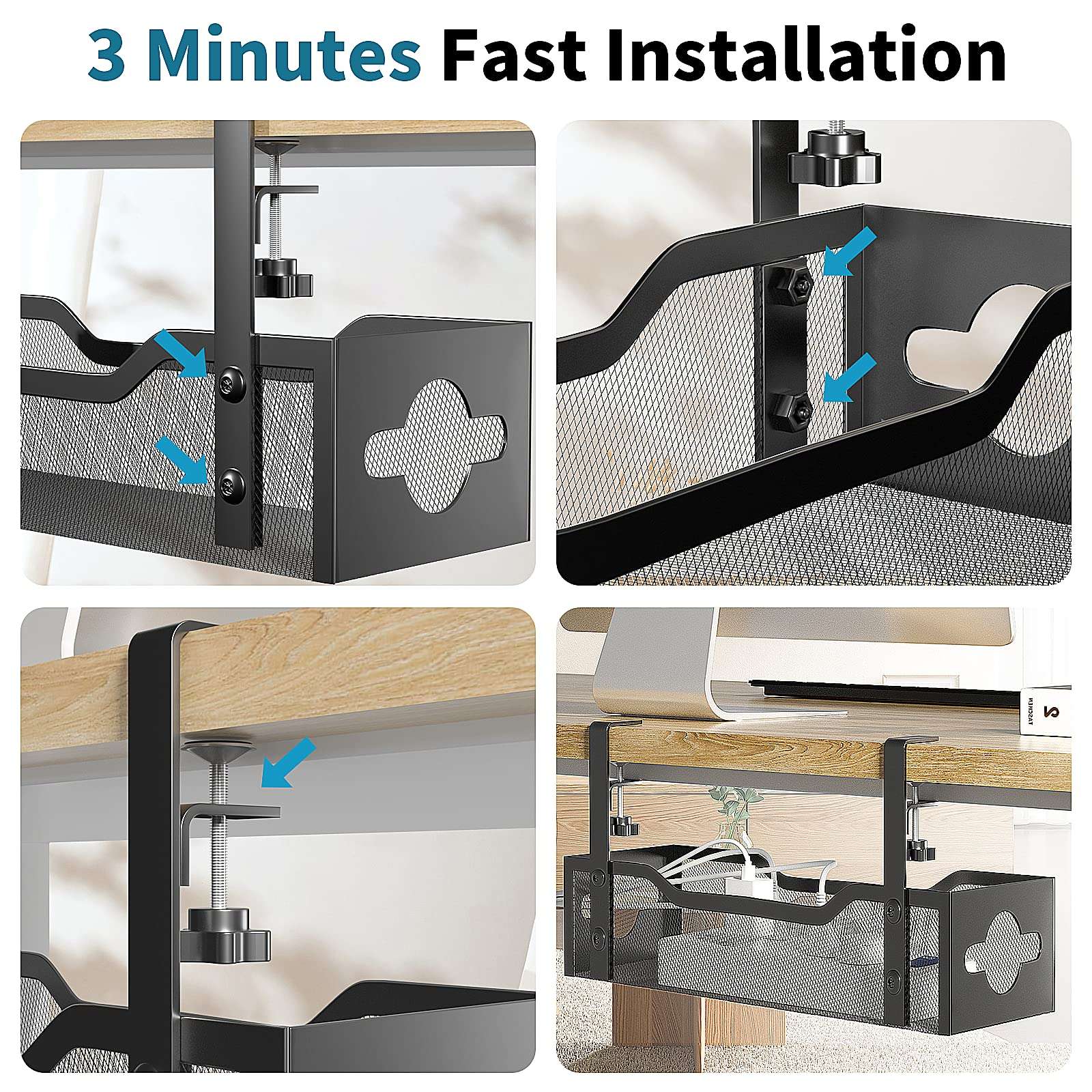 Under Desk Cable Management Tray No Drill, Metal Mesh Cable Management Under Desk with Clamp Mount, 2 Hole Cable Tray with Wire Management and Cord Organizer for Home Office Standing Desk 6