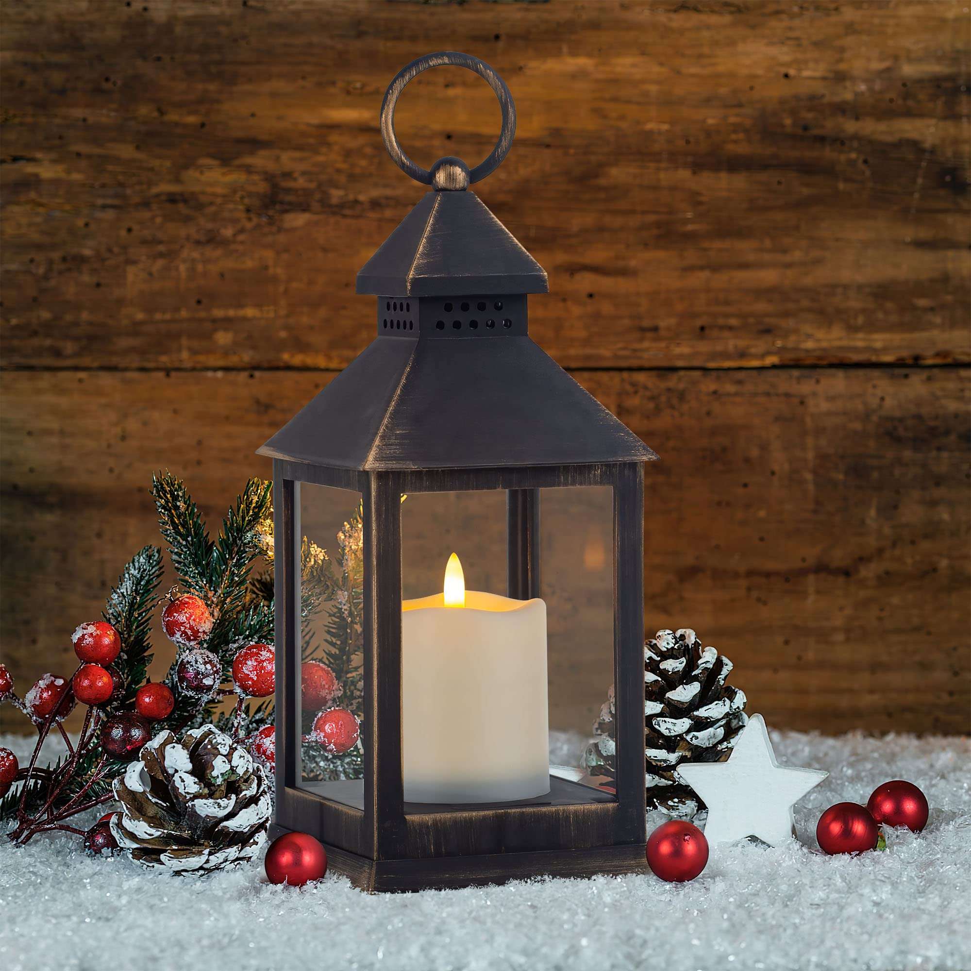 Yongmao Vintage Golden Brushed Black Lantern Decorative LED Flickering Flameless Candle with Timer, Battery Powered LED Decorative Hanging Lanterns for Indoor Outdoor Garden Yard Home Decor(4 Pack) 6