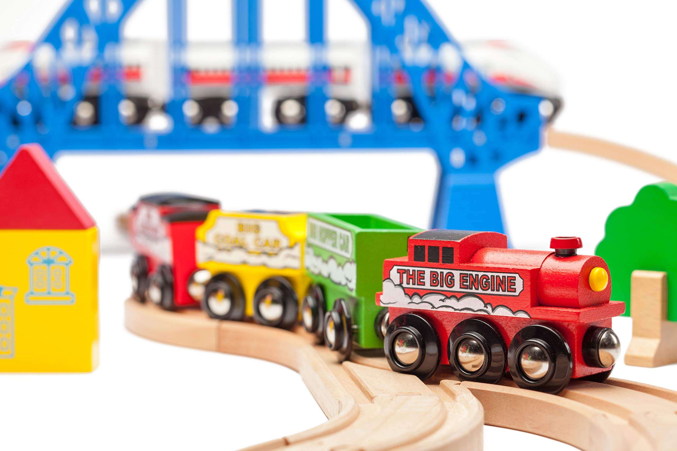 Maxim Enterprise, inc. Wooden Train Engine Set with Coal Car, Hopper Car and Caboose, Big Size Steam Engine Locomotive and Cars with Magnetic Connectors, Compatible with Major Brand Wooden Railways 6
