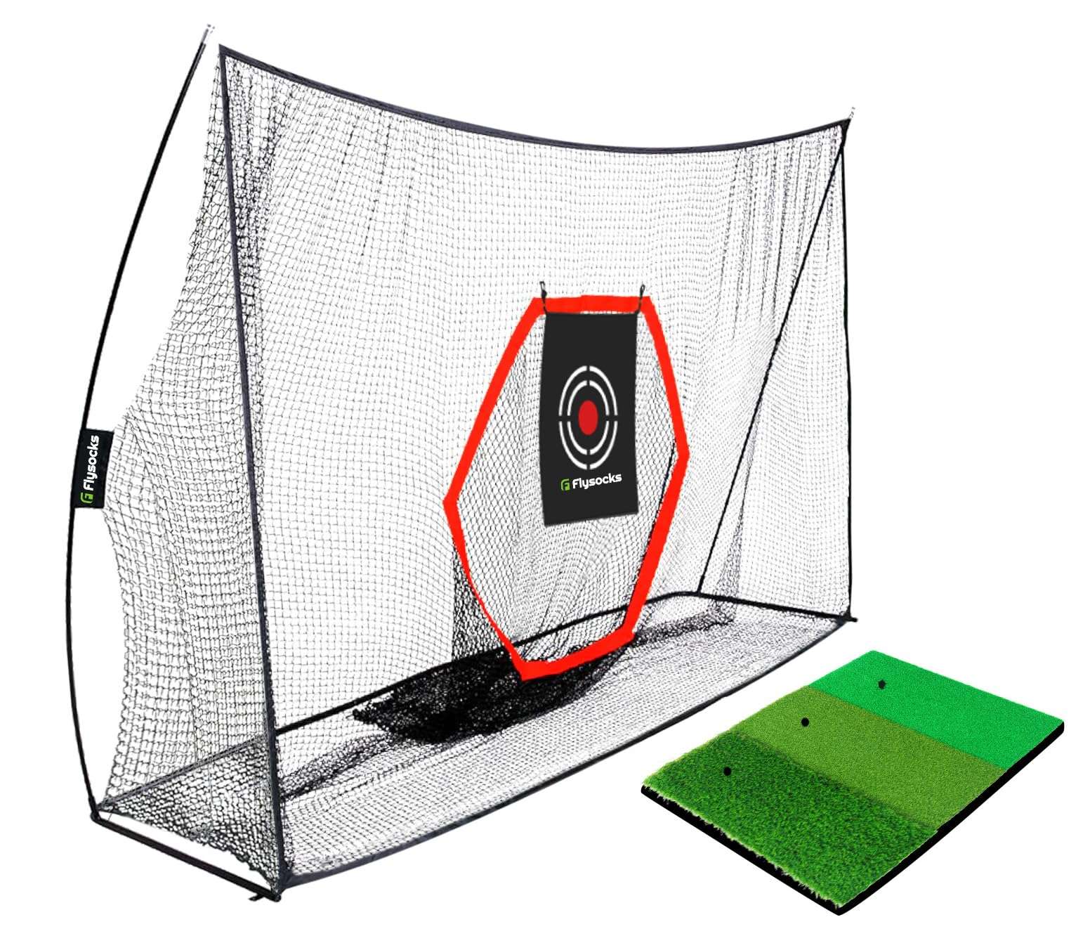 Flysocks 10x7 ft Golf Practice Hitting Net, Golf Nets with Mat, Center Target, 8 Golf Balls, 9 Tees, 2 Marking Pens, for Backyard Driving, Indoor Outdoor Golf Chipping Training Net 1