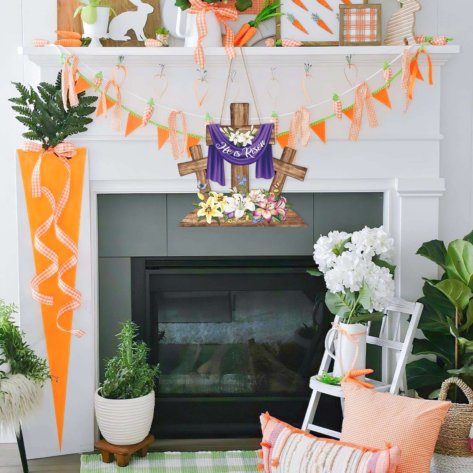 He is Risen Easter Decoration Wood Door Wall Signs, Wooden Wreaths Front Door Sign Cross Sign Christian Jesus Lily Flowers Ornaments Hanging Crafts for Spring Home Farmhouse Party Porch Wall Decor 5