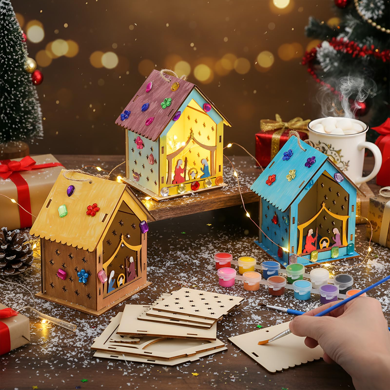 DoubleFill 12 Pcs Christmas Nativity Painting Craft Kits for Kids Make Your Own Religious Jesus House DIY Coloring Wooden Christian Nativity Craft for Classroom Art Sunday School 5
