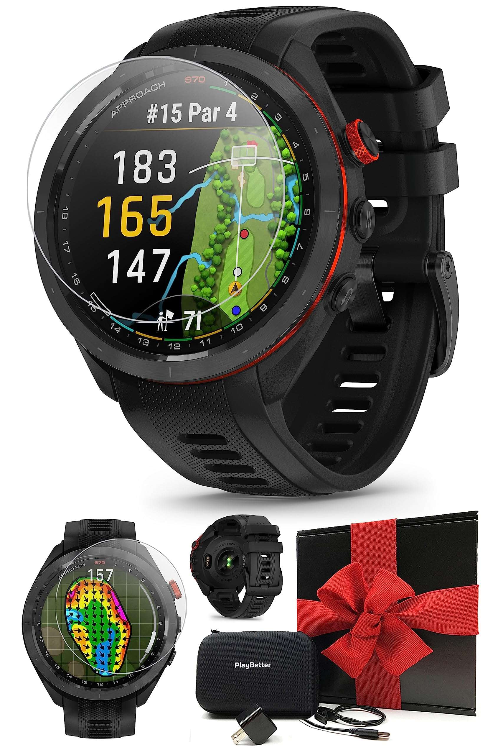 Garmin Approach S70 (Black, 47mm) Golf GPS Watch - AMOLED Display, Virtual Caddie & Playslike Distance - Gift Box Bundle with PlayBetter Screen Protectors, Wall Adapter & Hard Case 1
