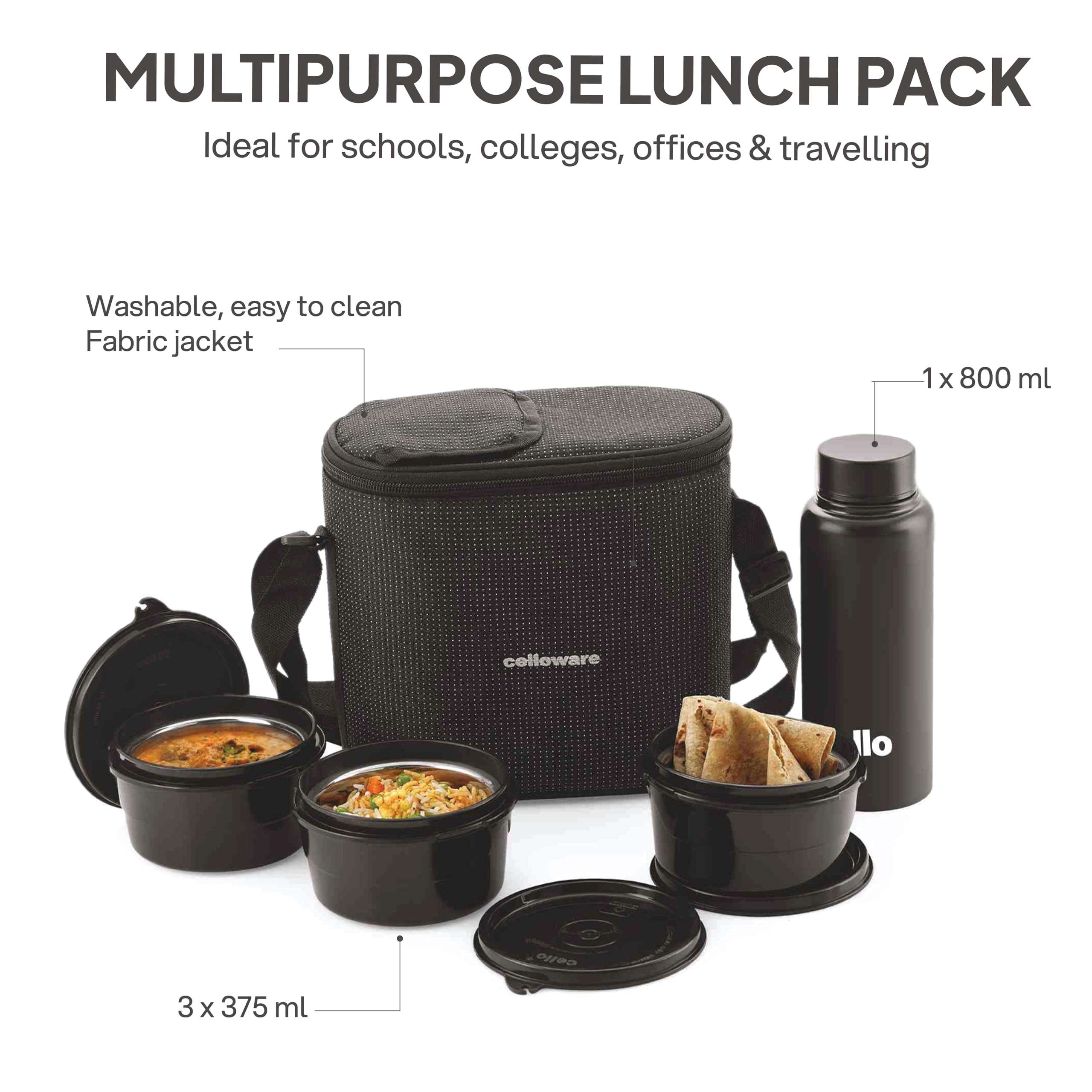 CELLO MF Alfa Stainless Steel Lunch Box Case Set with Bag for Office Use Black | 3 x 375ml Microwave Safe Steel Round Container, 1 x 800ml Steel Water Bottle | Air Tight Rustproof Leakproof Lunch Box 4