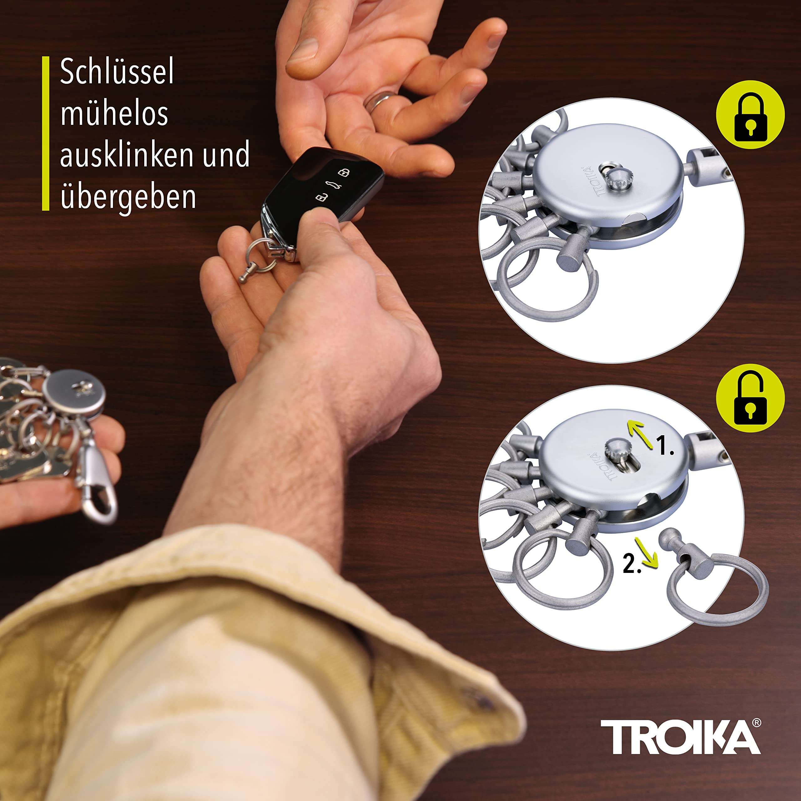 TROIKA PATENT – KYR60/GM – Keyring – Key organiser, key organisation – carabiner – 6 detachable rings – no more chaos on your bunch of keys! – incl. carabiner – 6 exchangeable rings – TROIKA-original 3