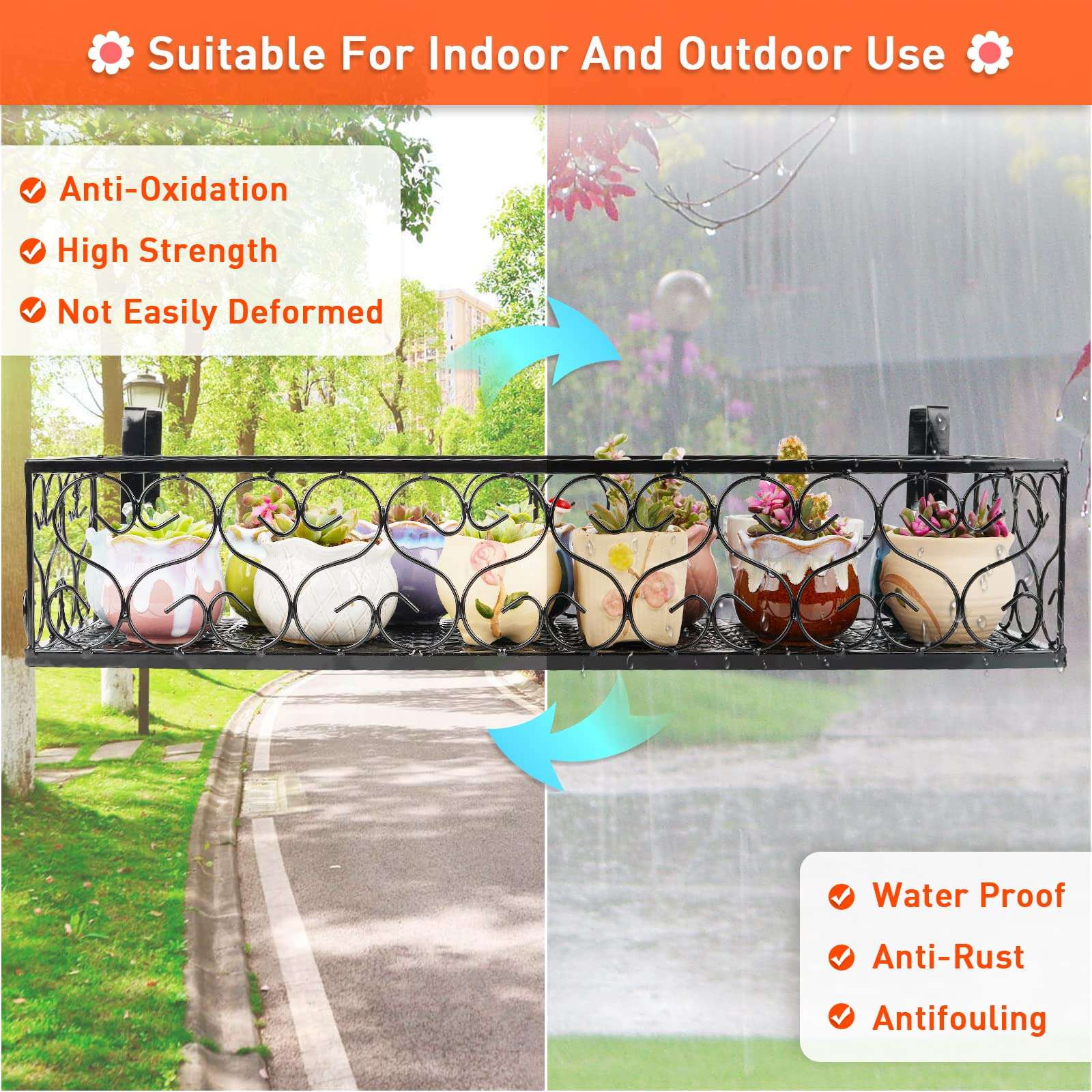 Fitlyiee Balcony Flower Pot Stand Rack Patio Railing Shelf Plant Pots Holder Windows Decorate (L, Black) 5