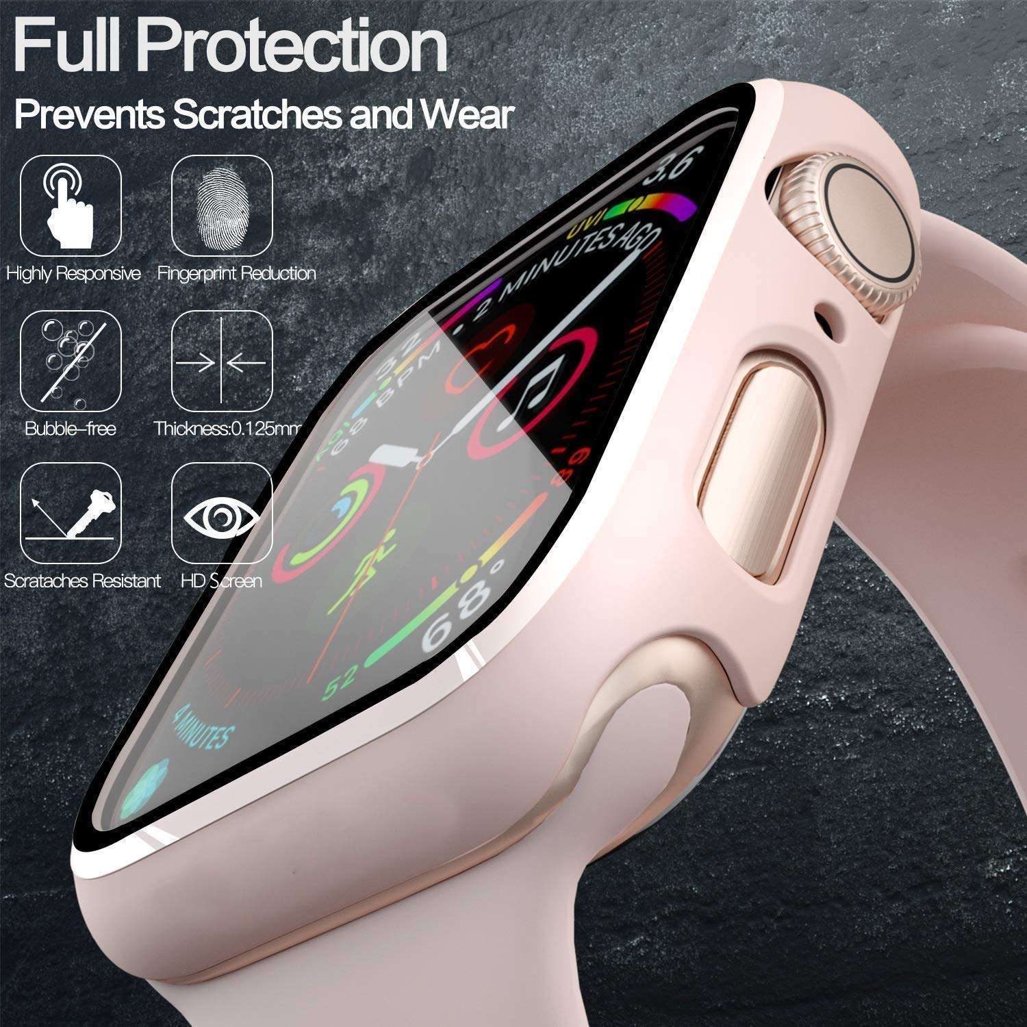 TempGlow Case Bumper Cover with Built-in 9H Tempered Glass Screen Protector Compatible with Apple Watch 38mm Series 3 Series 2 Series 1 Edge-to-Edge 360 Degree Smart Defense - Black Matte 5