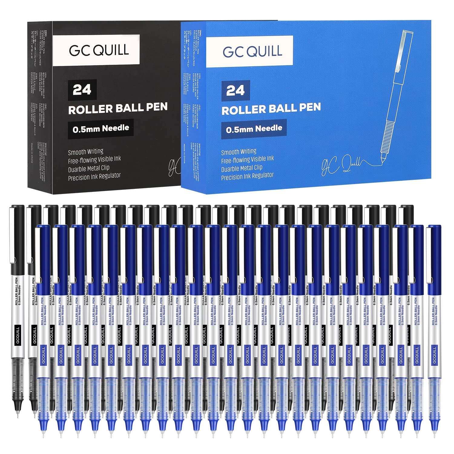 GC QUILL Rollerball Pens 0.5mm Needle Point Black Liquid Ink Pens 24 and Blue Liquid Ink Pens 24 for Bullet Journaling, Office Supplies for Writing, Taking Notes & Sketching BKL48 1