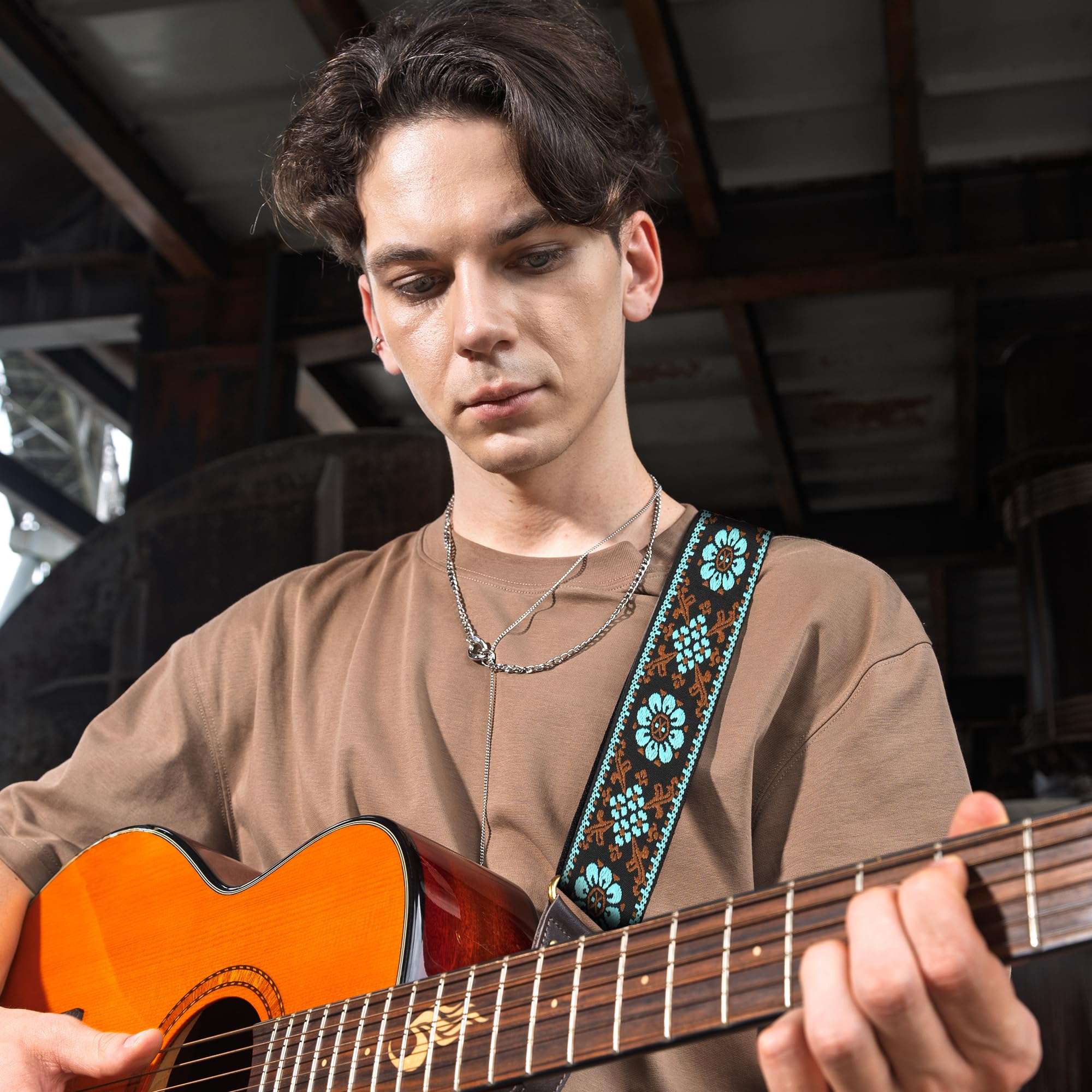 Guitar Strap, Double Cowhide Leather End, Set for Bass/Electric/ukulele/Acoustic Guitars, Vintage Jacquard Adjustable Straps, Free Headstrap and Leather Headband（Embroidered Blue Flower Gold Vine） 6