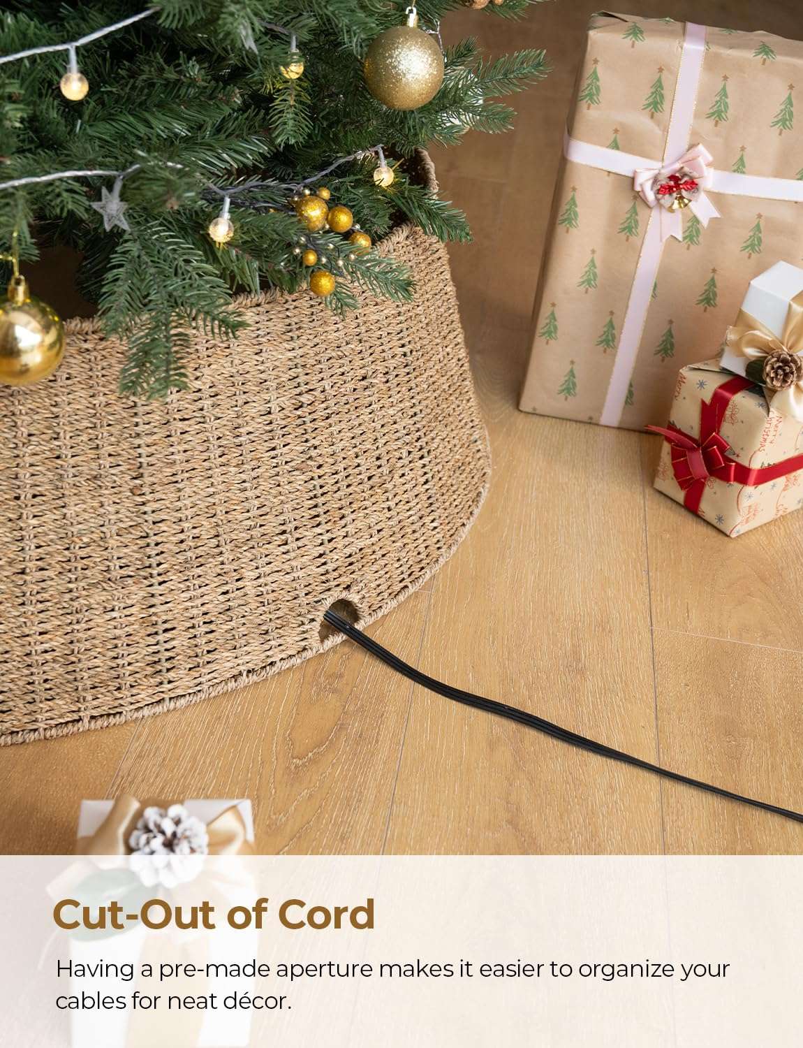 StorageWorks 42 Inch Wicker Christmas Tree Collar, Christmas Tree Collar for Pencil Tree, Seagrass Christmas Tree Base Collar with Cut-Out of Cord for Christmas Party Décor 4