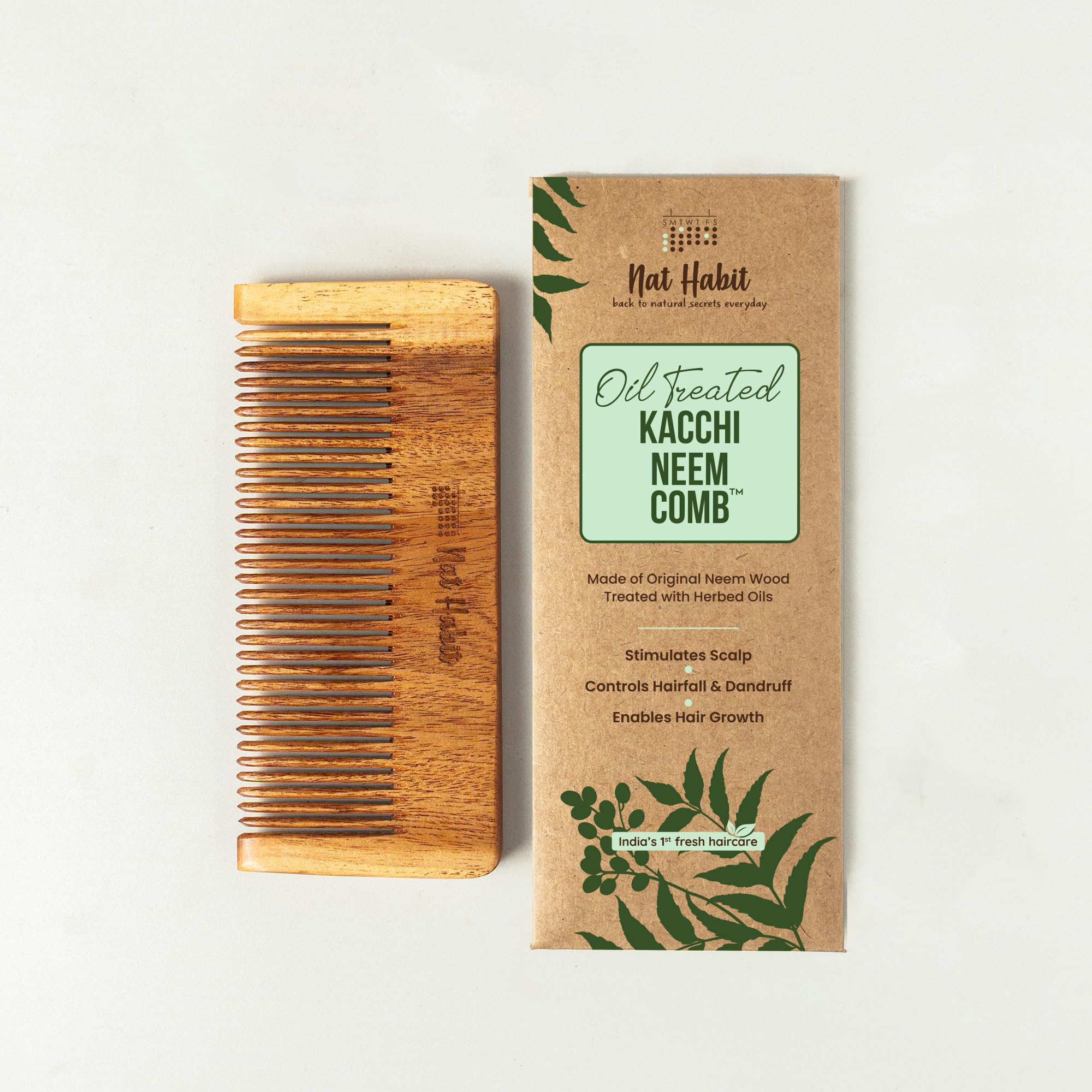 Nat Habit Kacchi Neem Wooden Comb, Soaked In 13 Herbs, Neem & Sesame Oil For Men & Women Daily Styling & Detangling (Fine Tooth Small Size) Pack of 1