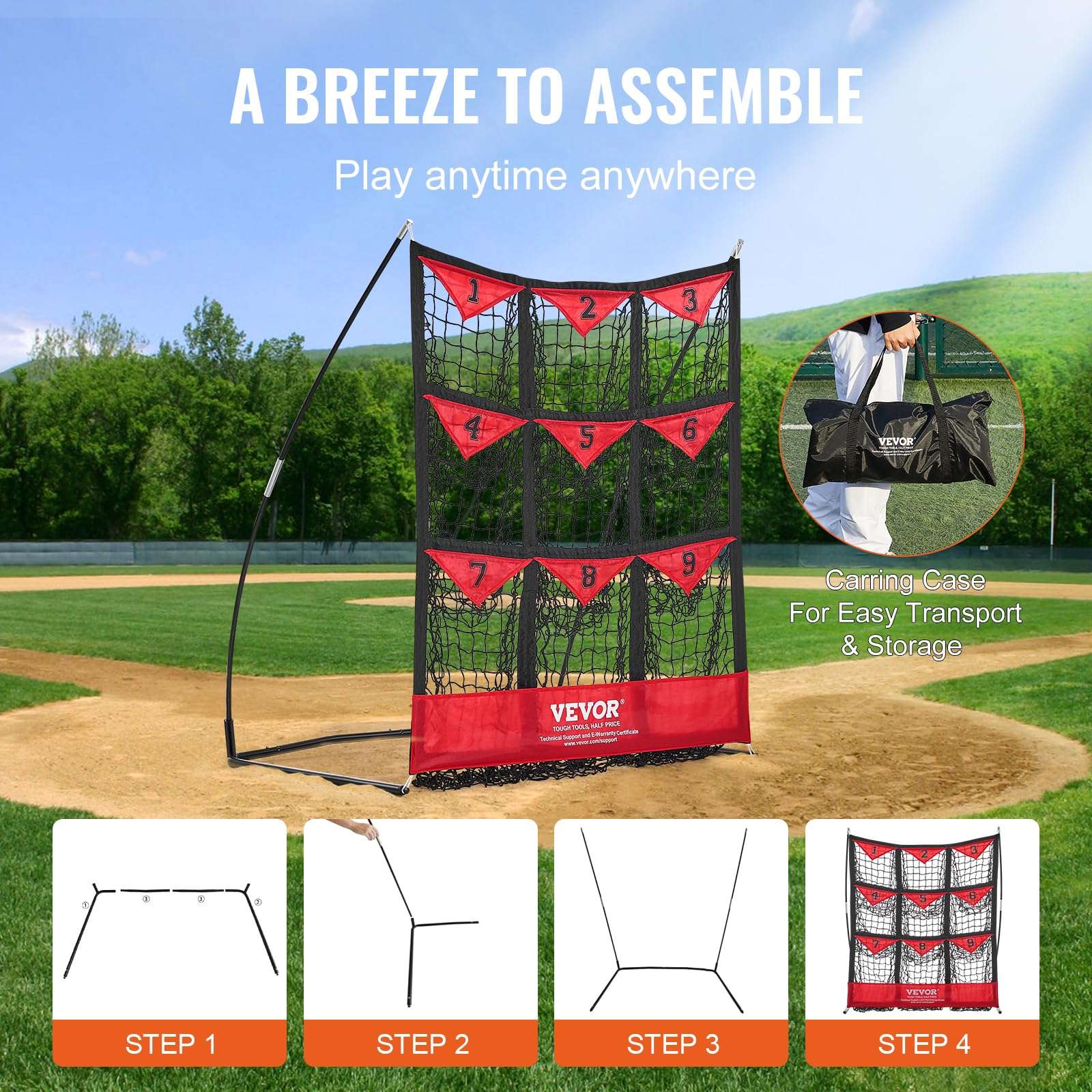 VEVOR Baseball Pitching Net 9 Hole, Softball Baseball Pitching Target Net, Portable Quick Assembly Trainer Aid with Strike Zone, Ground Stakes, for Youth Adults 6