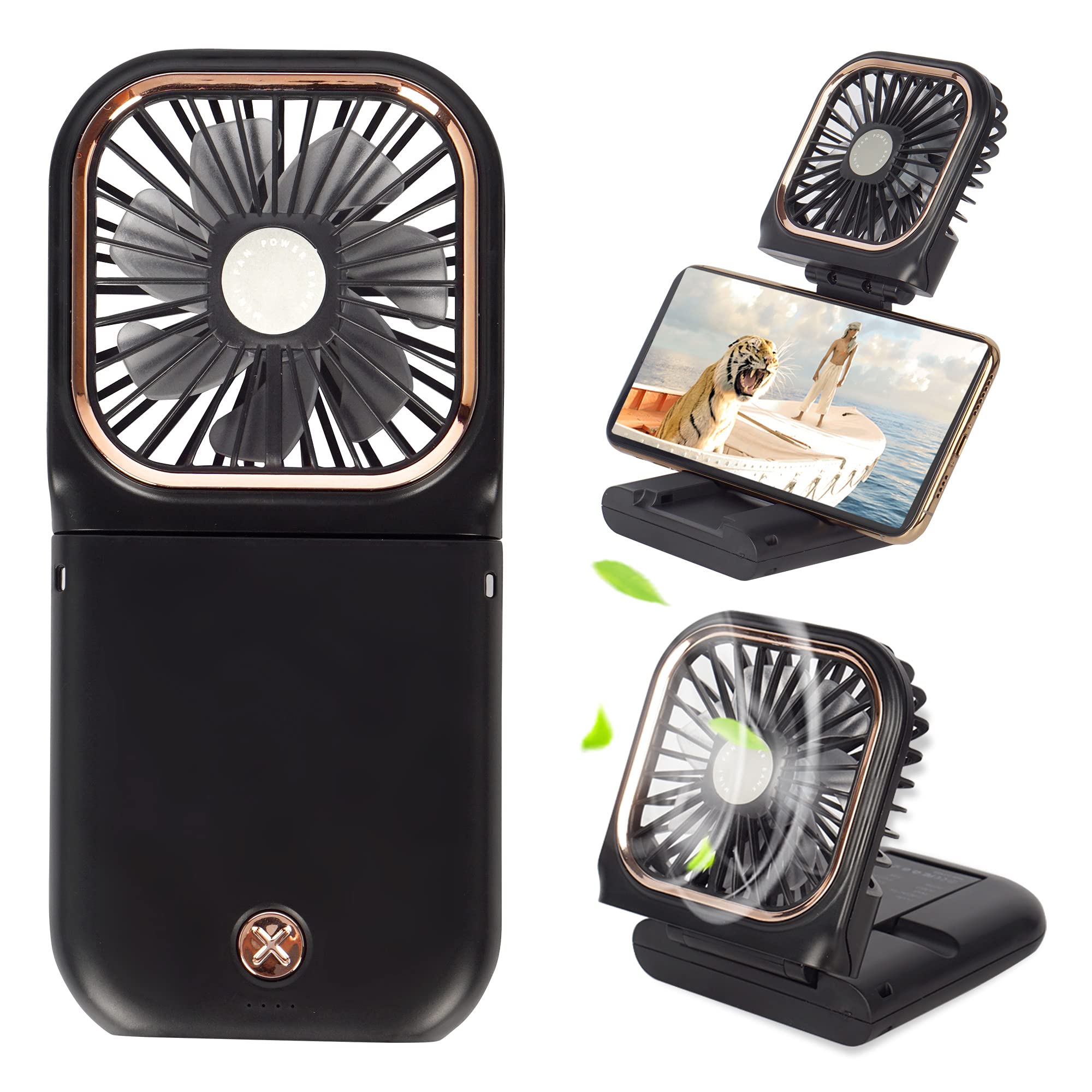 Portable Mini Fan Small Battery Operated Fan 5 in 1 as Power Bank,Phone Holder,Handheld Fan,Desk Fan, USB Rechargeable Personal Hand Fans,3000 mAh Power Bank,3 Speed Adjustable, Neck lanyard, Black 1