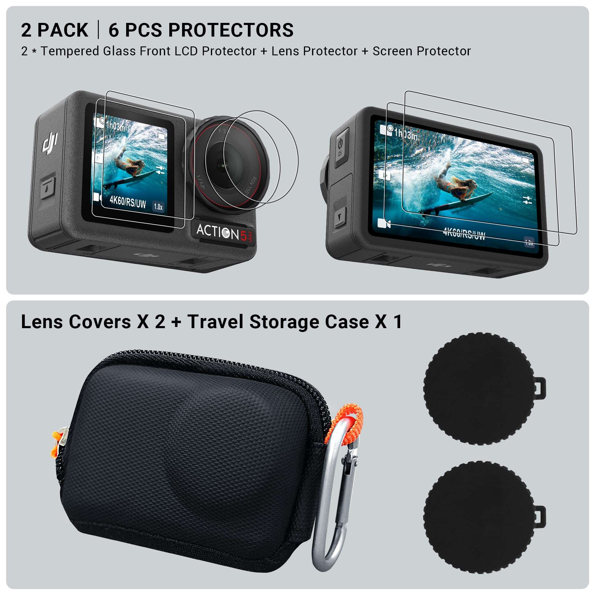 CYNOVA DJI Osmo Action 5 Pro Accessories Kit, Include DJI Osmo Action 5 Case, Action 5 Pro Screen Protector and Silicone Lens Cap, Anti-Scratch, Anti-Collision, Anti-Dust, All-Round Protection 5