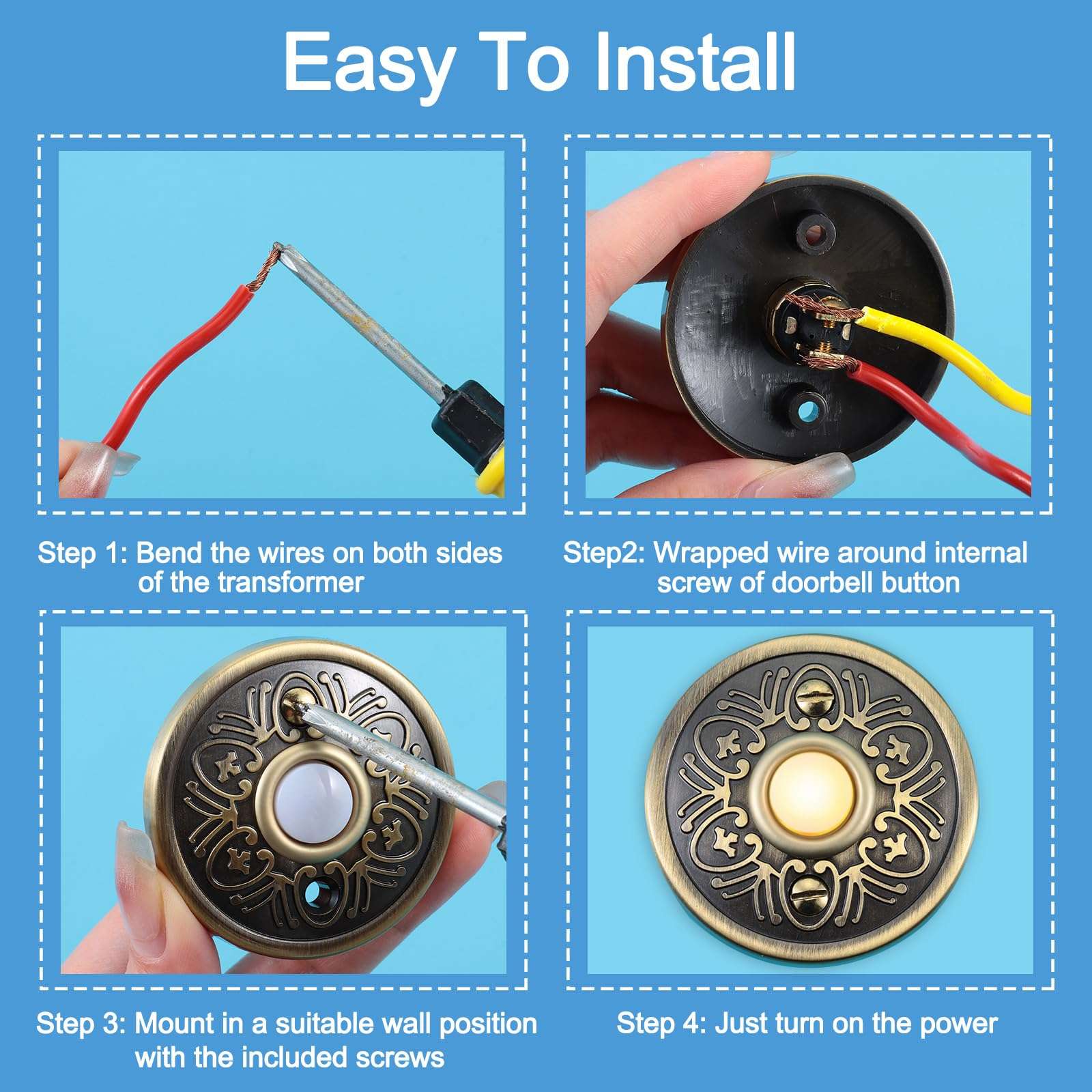 Lighted Doorbell Push Button, LED Round Door Bell Switch Home Wall Mounted Buttons Wired Opener Universal Hardware Garage Front Doors Easy Installation Black, White Light 4