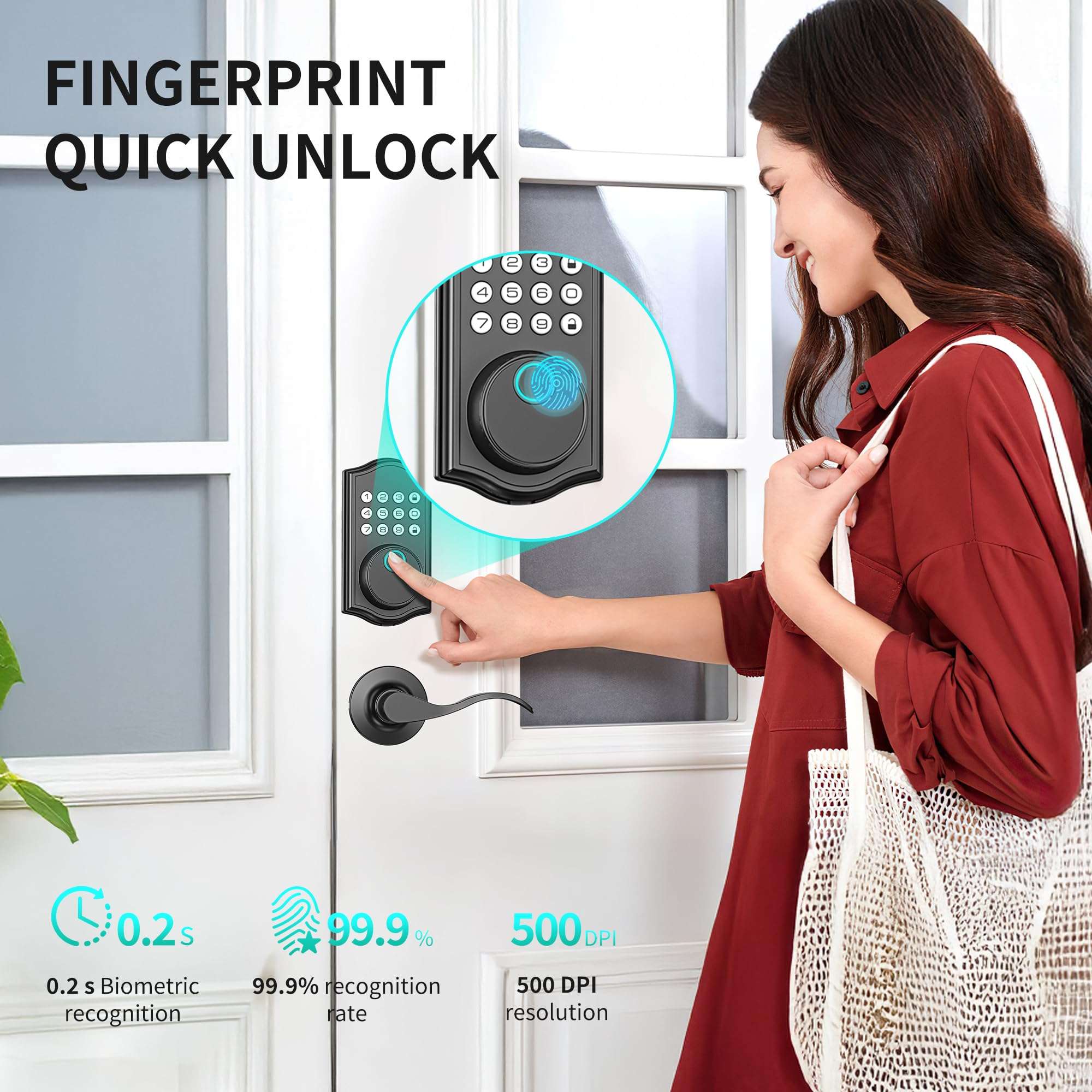 Keyless Entry Door Lock Deadbolt with Handle Set,Fingerprint Smart Locks for Front Door,Backlit Digital Keypad Deadbolt with 2 Keys - Auto Locking - Easy Installation-Left/Right Doors (Matte Black) 5