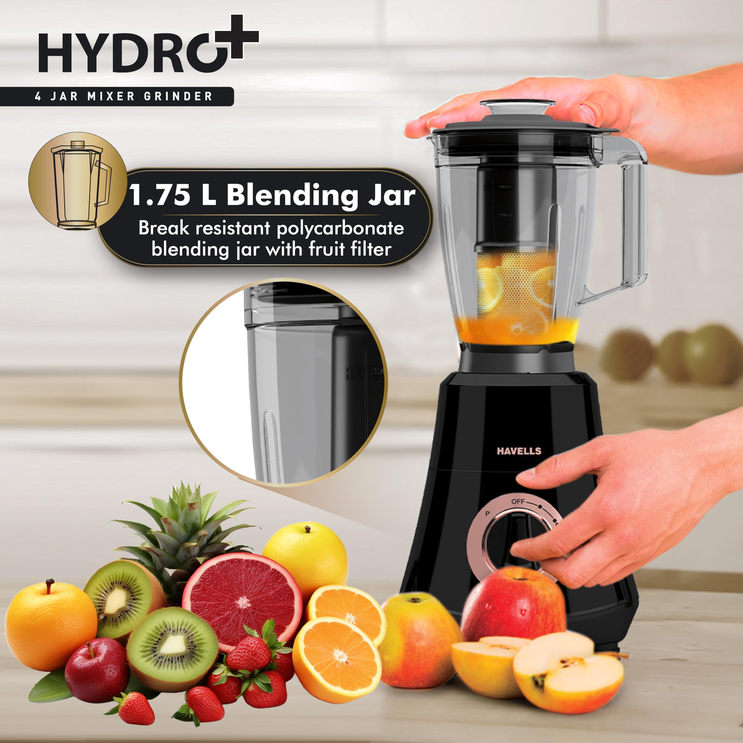 Havells Hydro Plus 1000 watt 4 Jar Mixer Grinder with Ball Bearing Motor, 22000 RPM, Wider mouth Stainless Steel Jar, Hands Free operation, SS-304 Grade Blade & 2 Yr Manufacturer Warranty 5