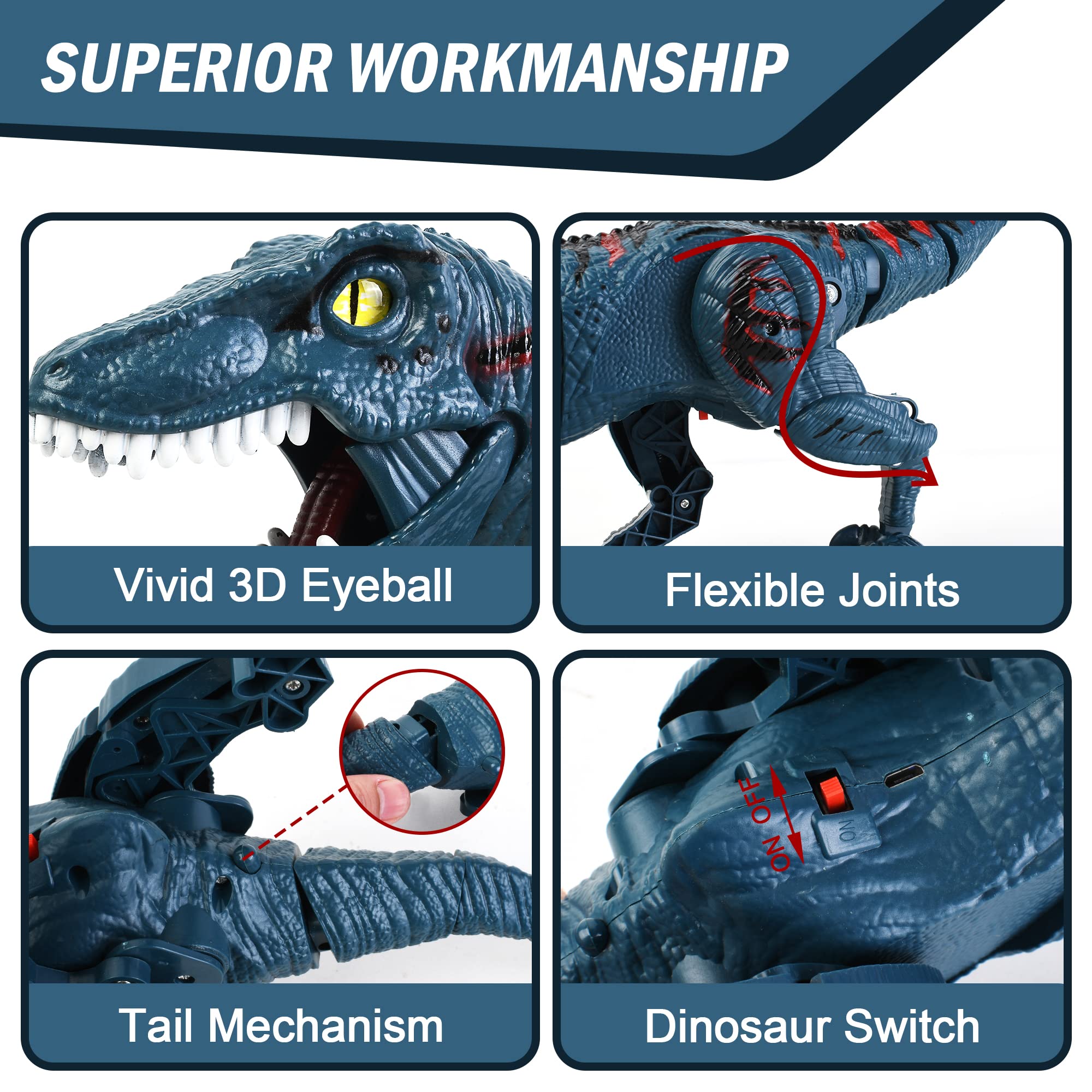 Large Remote Control Dinosaur Toys Kids - Jurassic Velociraptor Toys Imitates Walking and Sounds - Robot Toys That Can Sing, Shaking Head and Tail 6