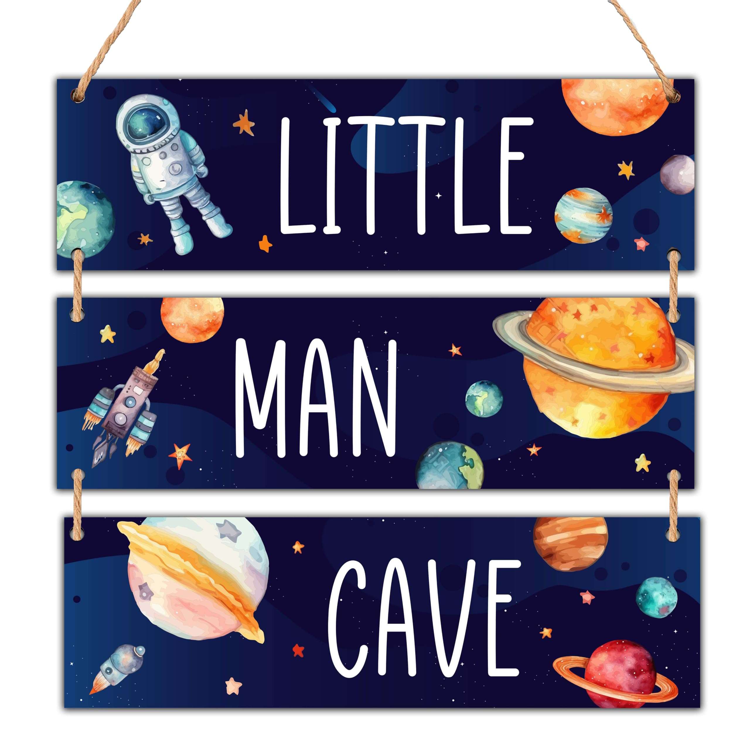 Little Man Cave, 3" x 10" Outer Space Wooden Door Sign for Bedroom Nursery Playroom Decor, Teen Boy Gifts for Son Game Lover, Gaming Wall Art - A07 1