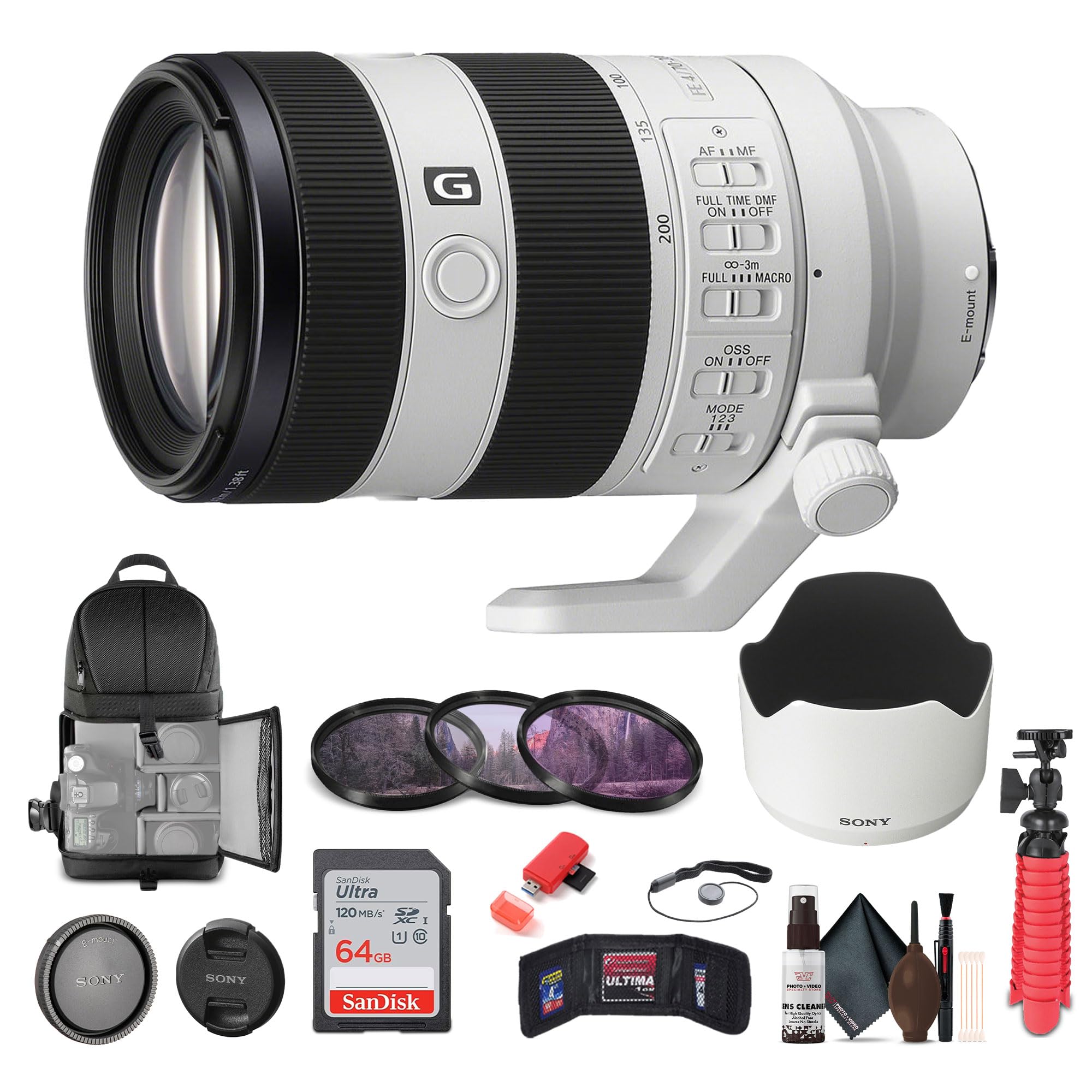 Sony FE 70-200mm f/4 Macro G OSS II Full-Frame Compact Telephoto Zoom Lens E Mount (SEL70200G2) + 64GB Memory Card + Filter Kit + Backpack + Flexible Tripod + Cap Keeper + Cleaning Kit + More