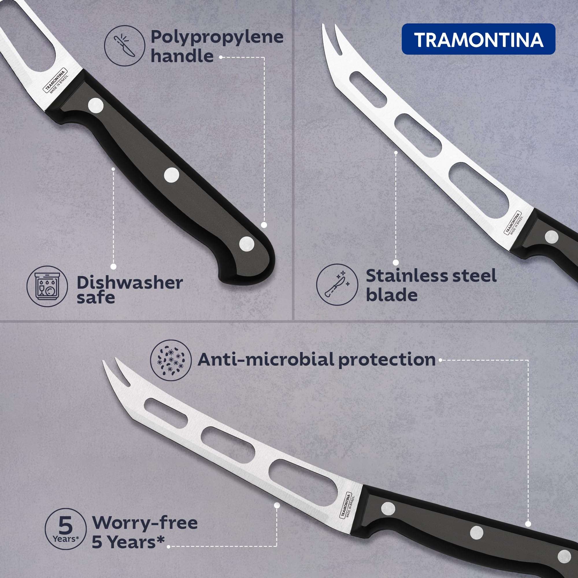 TRAMONTINA Ultracorte 15cm / 5.9" Cheese Knife | Three-Hole Stainless Steel Blade | Straight/Plain Edge | Two Spoke Tip | Antimicrobial Polypropylene Handle | Made in Brazil | 5 Year Warranty 5