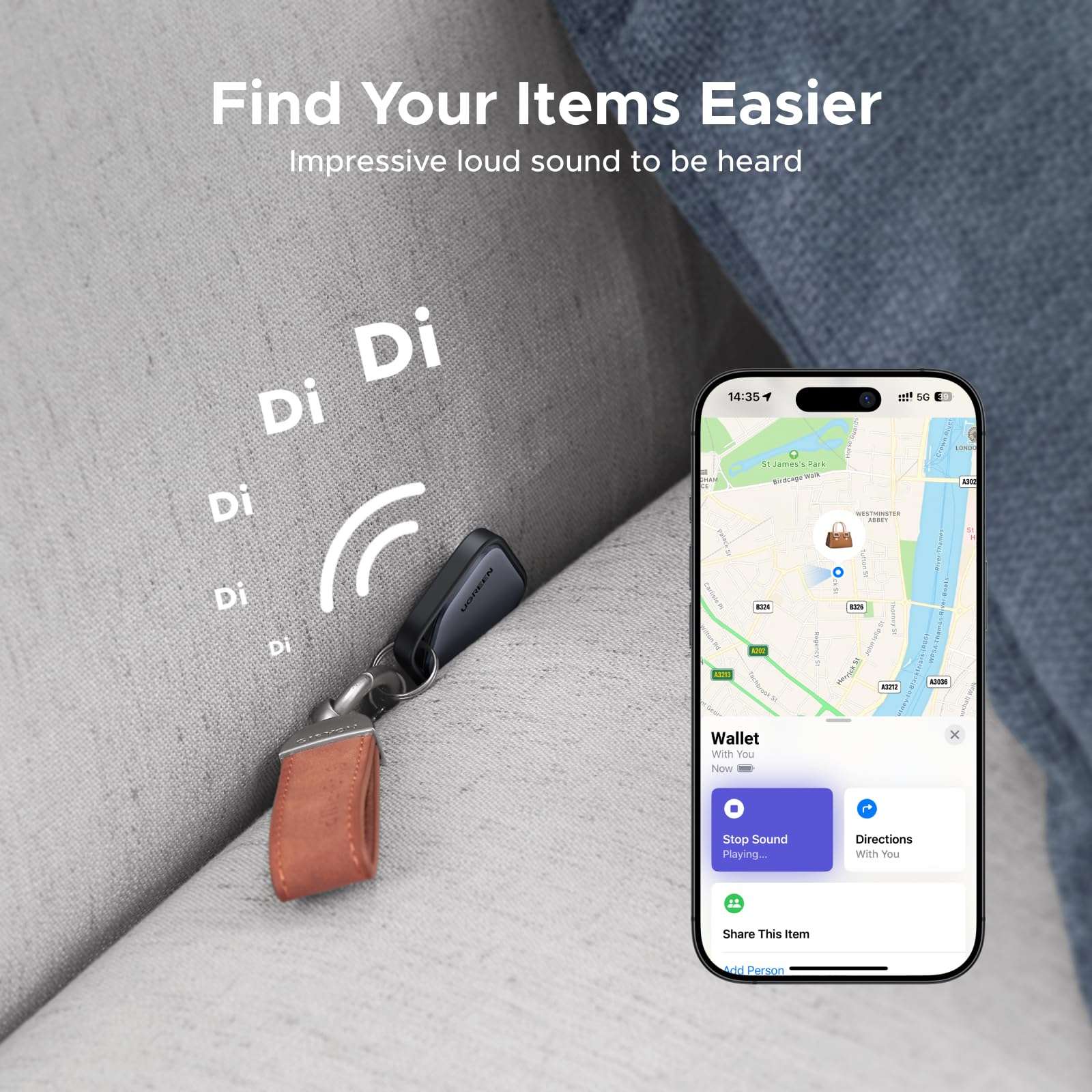 UGREEN Finder Tag Bundle with Finder Slim Compatible with Apple Find My (iOS Only)，Item Finder Smart Tag for Key Wallet Luggage Passport with Alarm& Left-Behind Remind 5