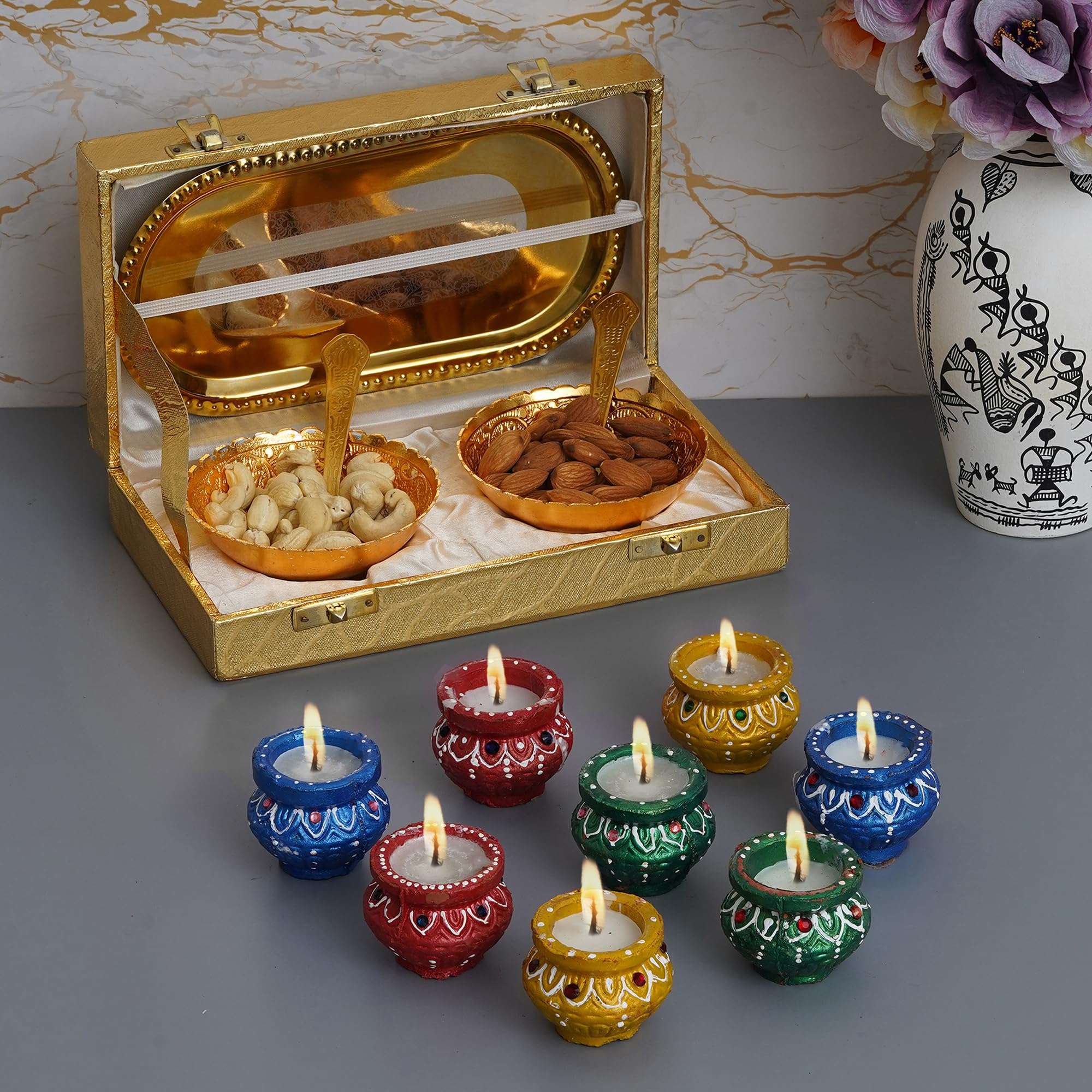 KUSHAL CREATIONS Silver Plated Festival Gift Silver Plated Brass Bowls Set of 5 Pcs. Golden Velvet Box Dinner Set with Matki Diya Set of 8 Pcs. 1