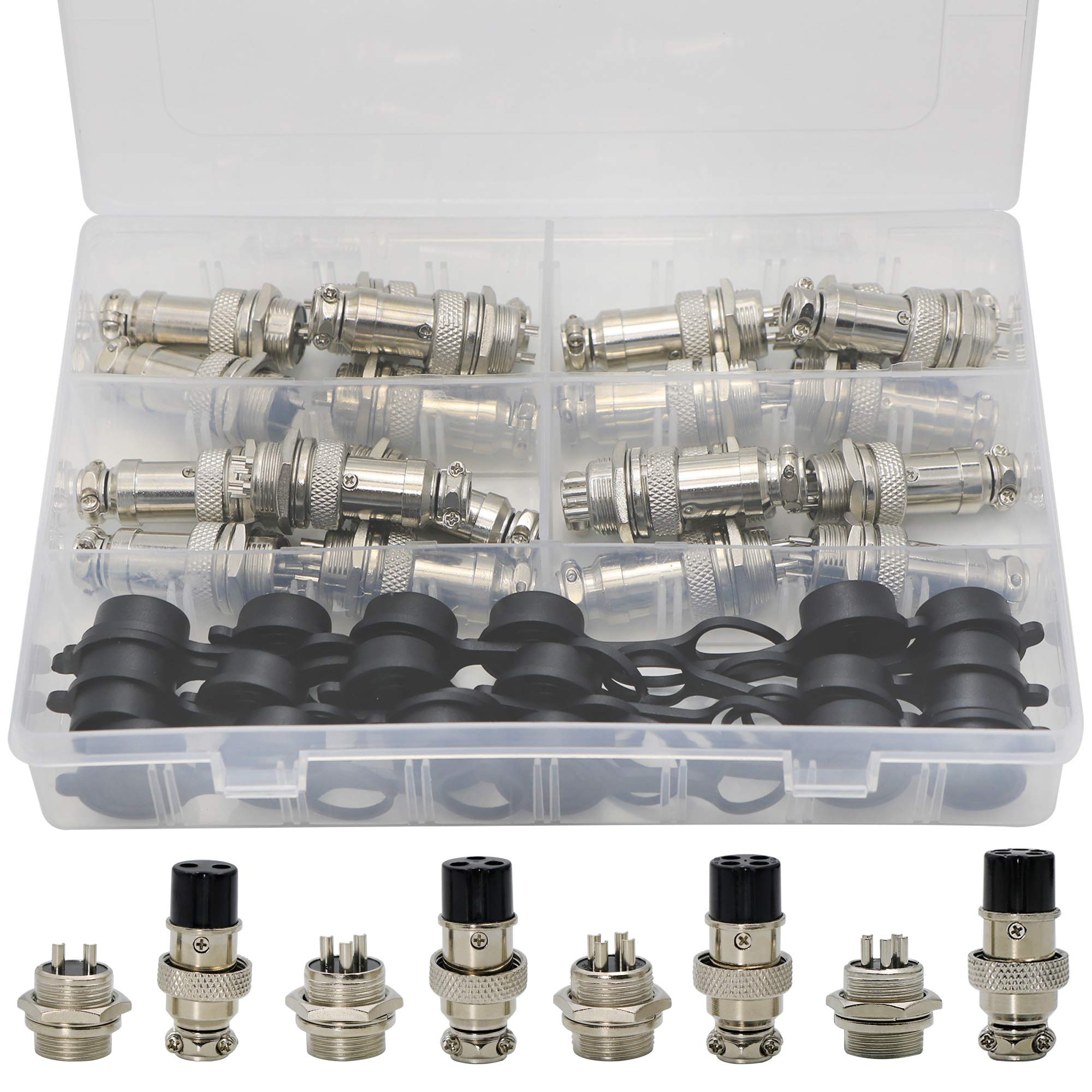 Aviation Connector, GX16 2 Pin/ 3 Pin/ 4 Pin/ 5 Pin 16mm Thread Male Female Panel Metal Aviation Wire Connector Plug Assortment Kit with Aviation Plugs Cap-60 Pcs 1