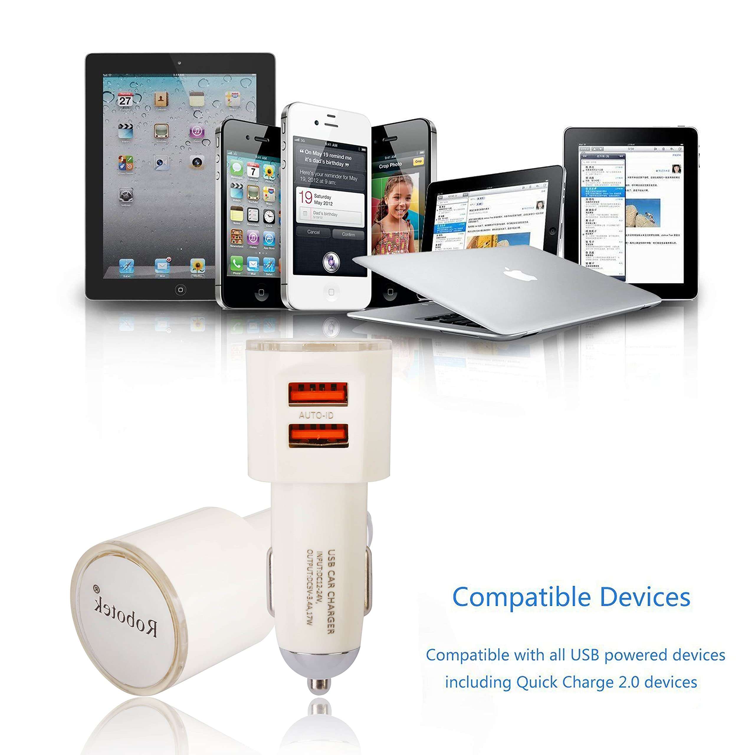 ROBOTEK Car Fast Charger Dual Port 3.4AMP Fast Charger with Auto ID Technology for Android Phones Type-B with 1 in Box Heavy Cable (White) 3
