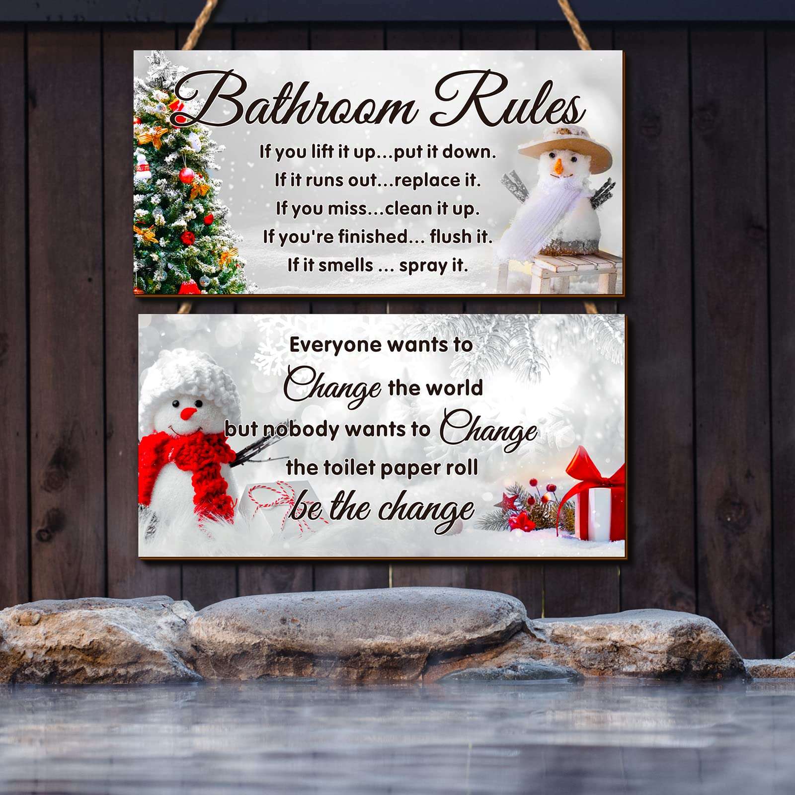 Rustic Wood Christmas Bathroom Decor: 2 Pcs Wall Art Snowman Rules Funny Hanging Accessories 6