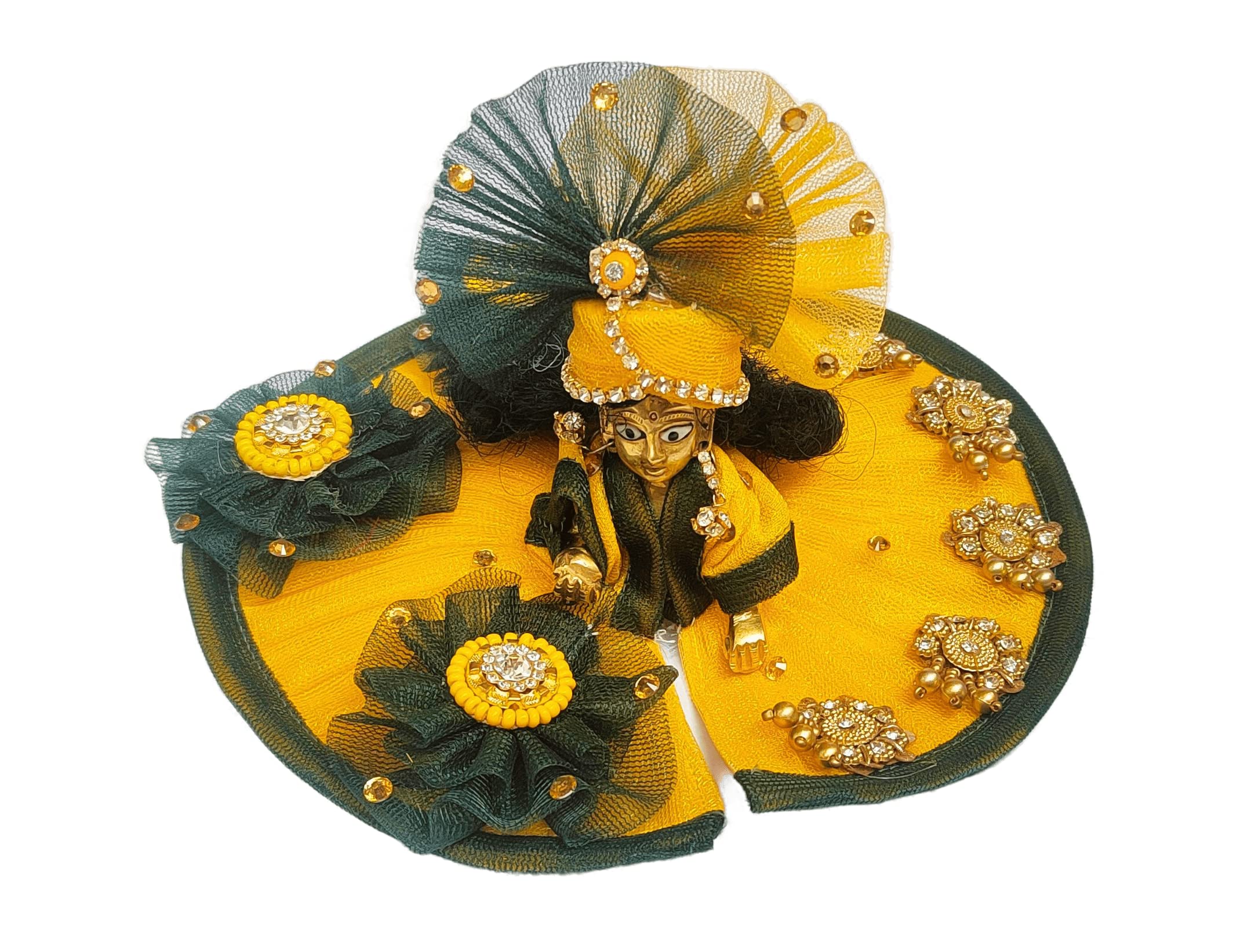 KRISHFEB Soft Fabric Laddu Gopal Net Mukut || Colorful Bal Gopal Kanha Ji/Thakur Ji Janmashtami Festival Designer Turban for Your Deity (Dark Green & Yellow, Size-04) 3